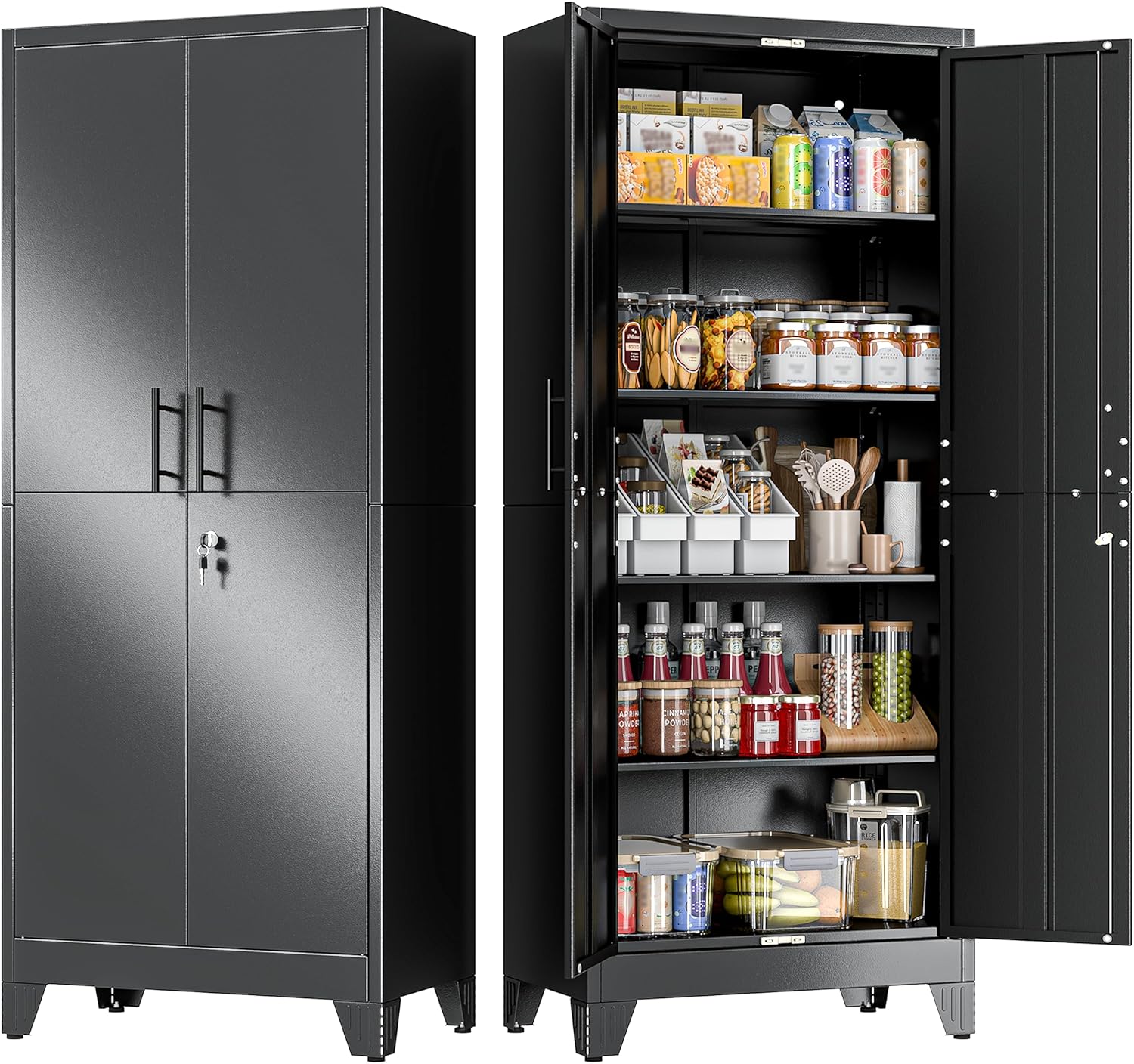 GAIOUS 75.2" Tall Metal Kitchen Pantry Storage Cabinets with 2 Door and 5 Adjustable Shelves, Cupboard for Kitchen, Dining Room, Living Room and Bathroom, White