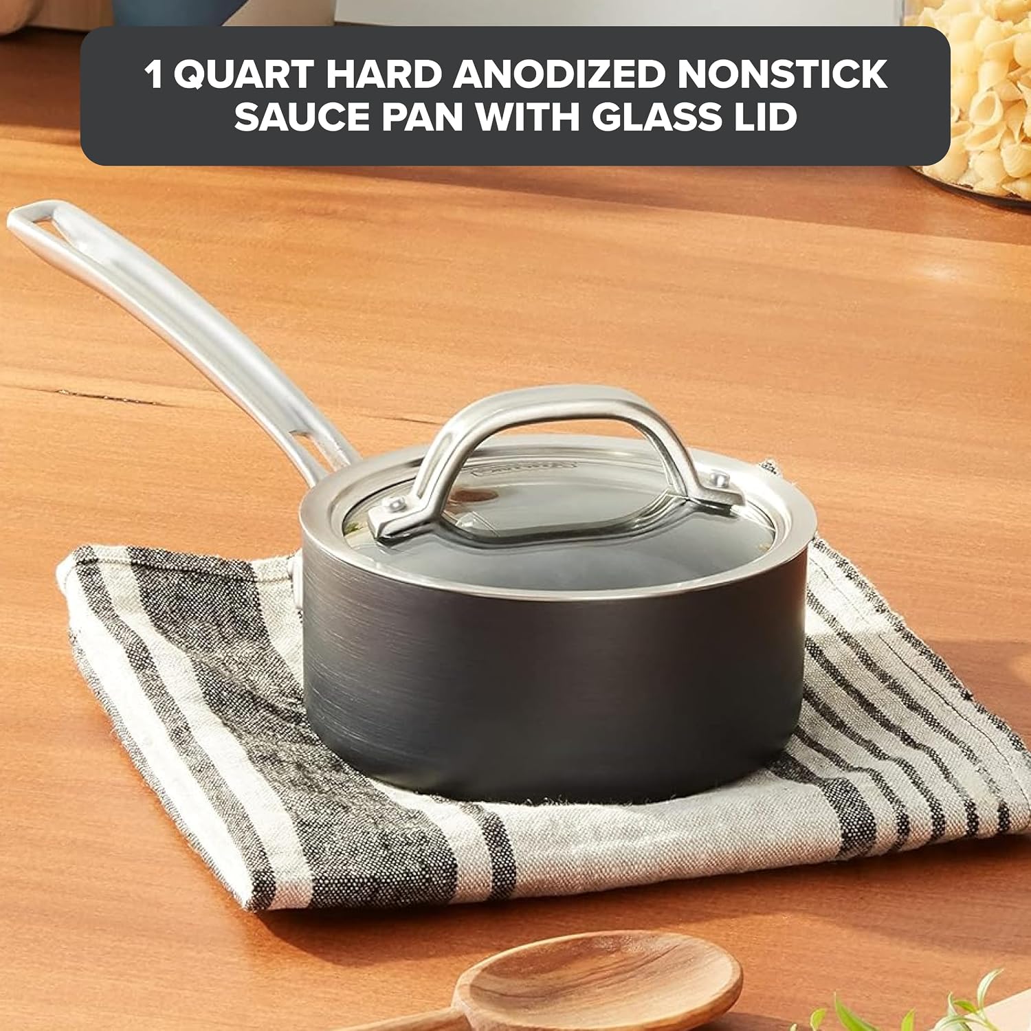 Viking Non Stick Sauce Pan with Glass Lid, 1 Quart Hard Anodized Nonstick Saucepan Cooking Pot, Dishwasher and Oven Safe, Induction Ready, Gray