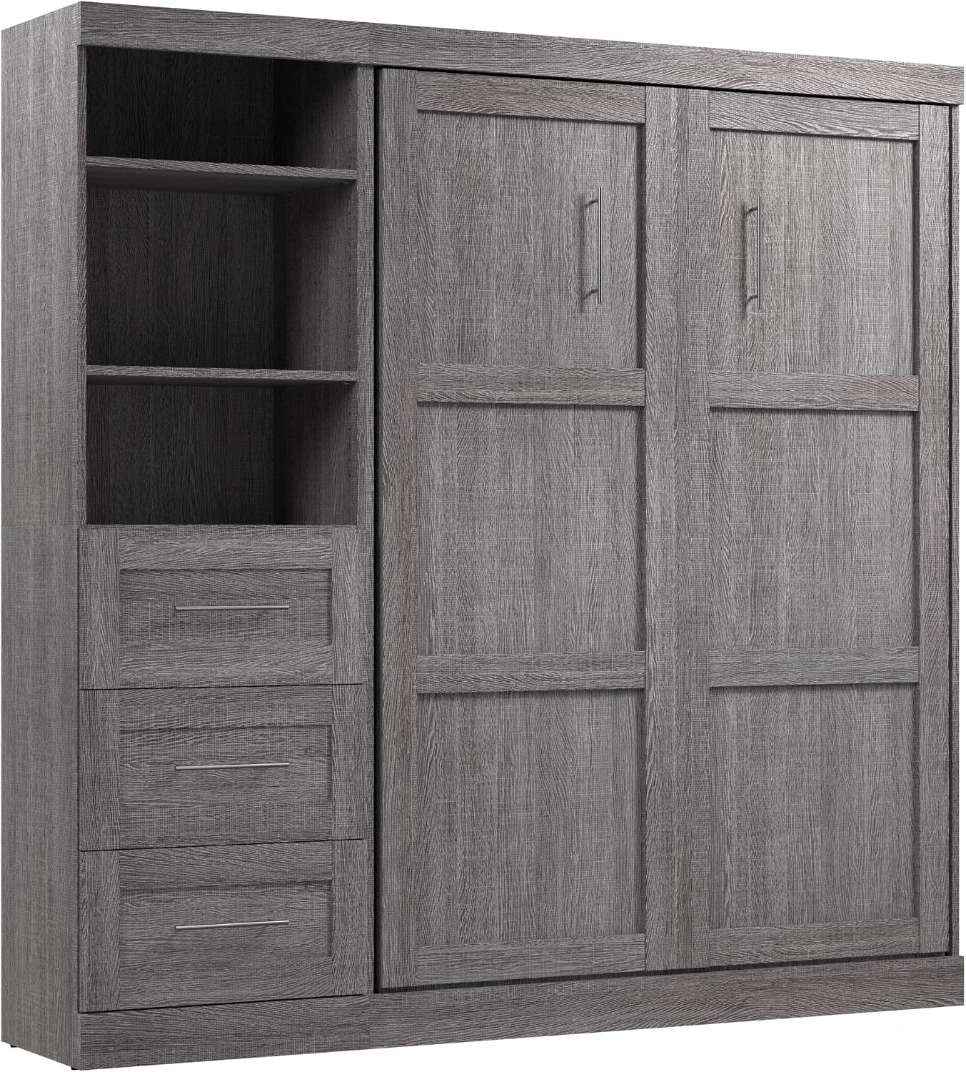 Bestar Pur Full Murphy Bed and Storage Unit with Drawers, 84-inch Space-Saving Wall Bed with Storage in Bark Grey | Storage Unit with Drawers