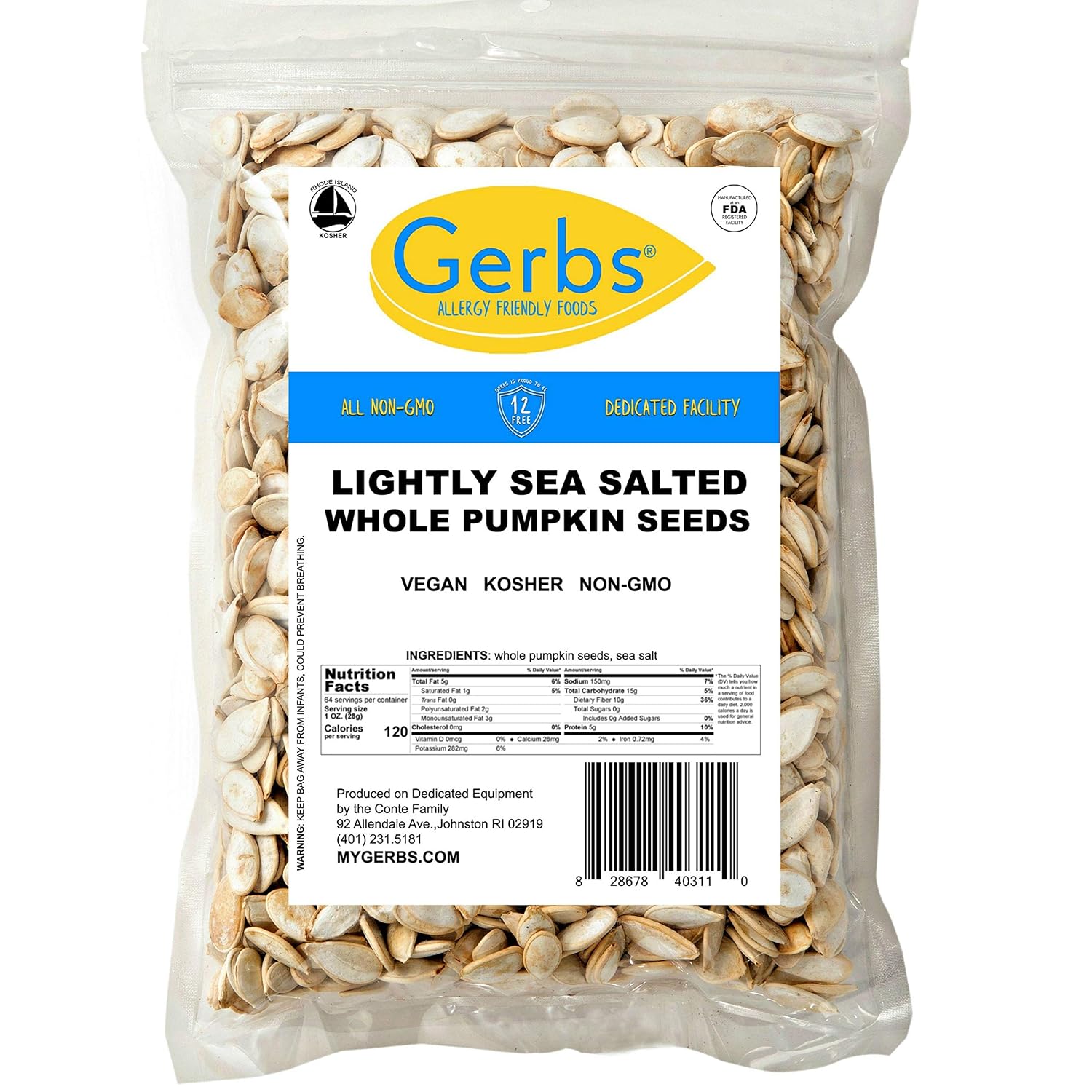 Gerbs Raw Whole Pumpkin Seeds 2 lbs. | In-Shell, 10.5 mm Size, Resealable Bag | Mildly Nutty & Crunchy | Top 14 Allergen-Free
