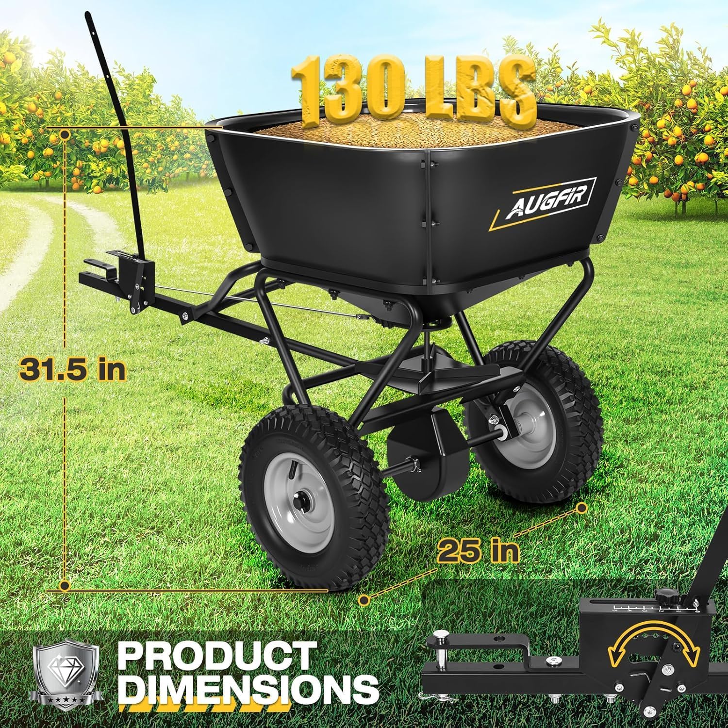 AugFir Tow Behind Broadcast Spreader, 130 LBS Capacity Lawn Fertilizer Spreader for Riding Mower, ATV, UTV & Tractor