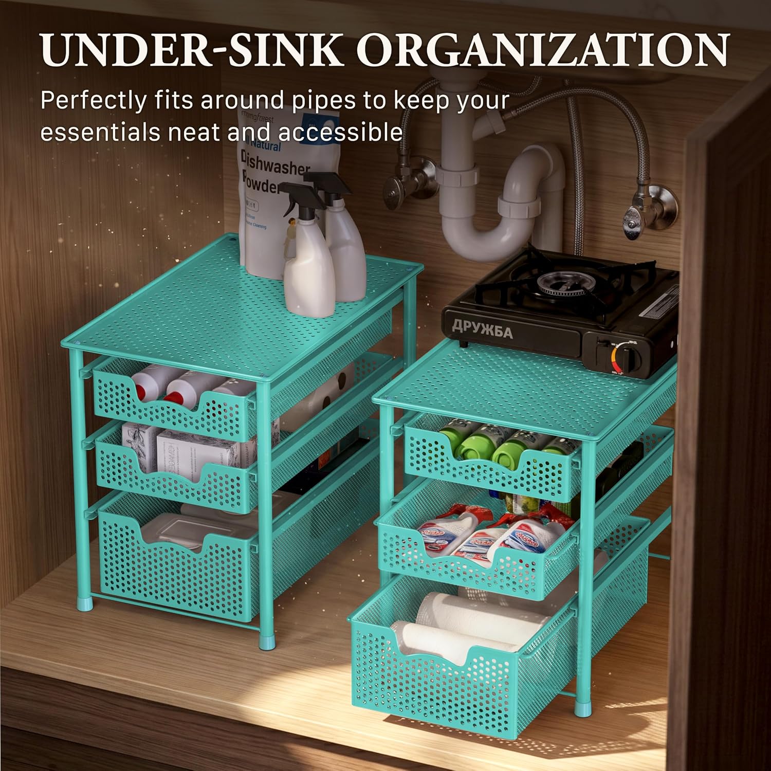 Simple Houseware Stackable 3 Tier Sliding Basket Organizer Drawer, Silver