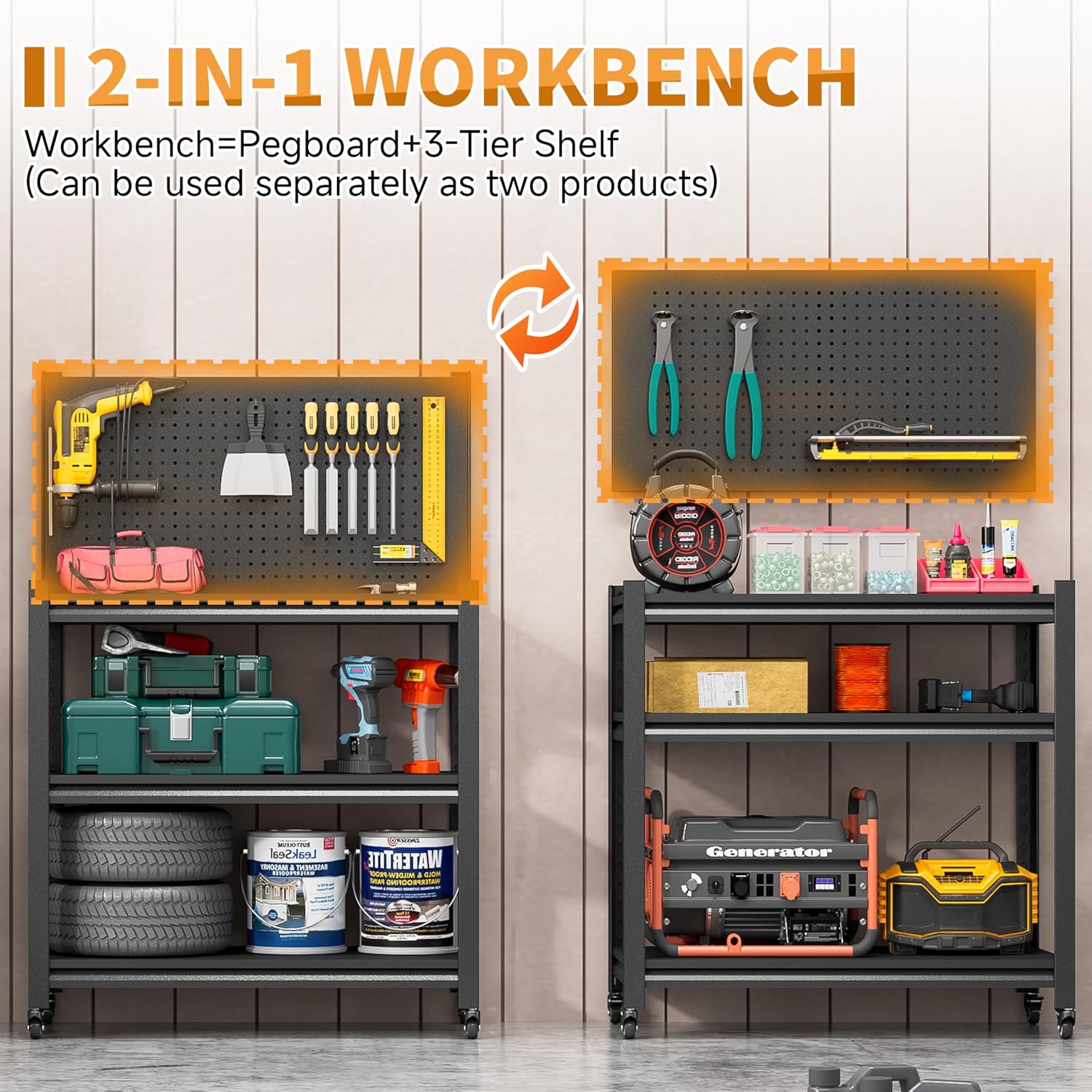 32" H Metal Garage Workbench with Wheels,3-Tier Garage Roling Tool Work Bench,Adjustable Heavy Duty Work Table on Wheels,Black Mobile Garage Workstation for Warehouse Workshop,Screwless Design