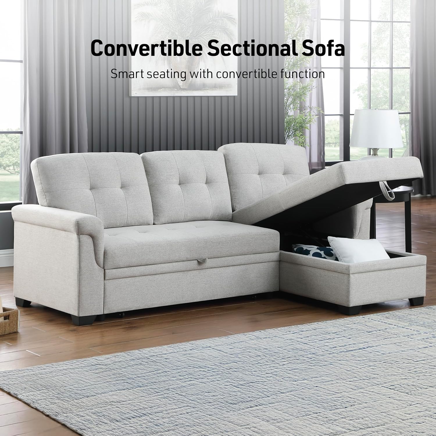 Lilola Home Convertible Sectional Sleeper Sofa Bed 84 Inch, L Shaped Couch with Pull Out Bed, Storage Chaise, Removable Back Cushions for Living Room, Office, Linen Fabric, Dark Gray