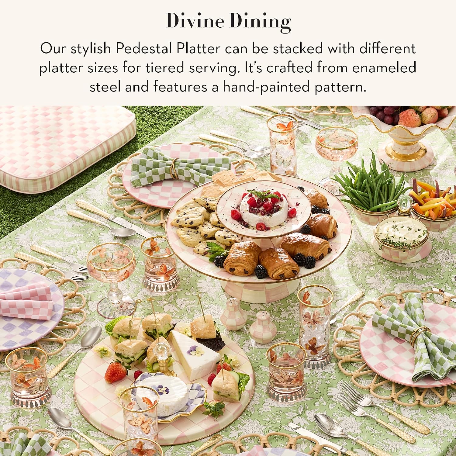 MACKENZIE-CHILDS Pedestal Platter, Mini, Black-and-White Courtly Check | Hand-painted design, made from enameled steel, stackable round cake stand for serving desserts, 8" dia. x 3" H