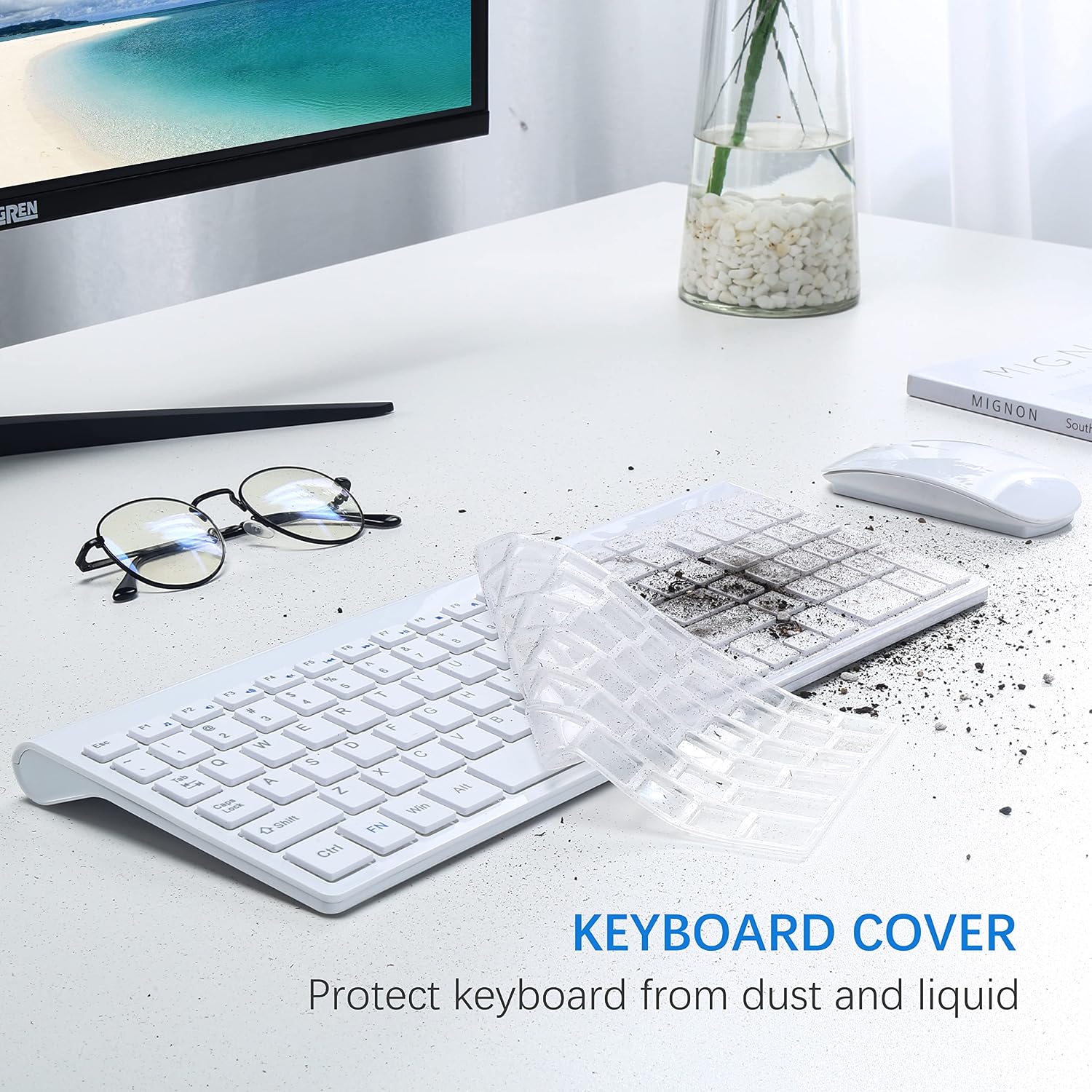 Wireless Keyboard and Mouse Ultra Slim Combo, TopMate - White | 2.4G Silent Compact 2400DPI Mouse and Scissor Switch Keyboard Set with Cover, Batteries Included, for PC/Laptop/Windows/Mac