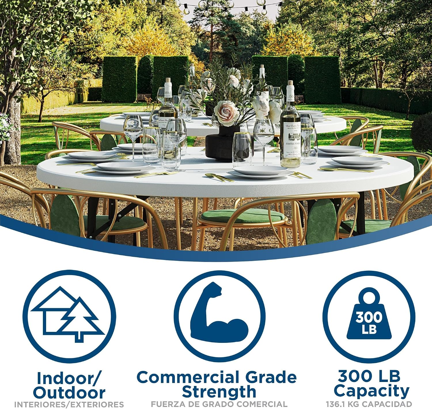 Cosco 6ft Fold-in-Half Blow Molded Folding Table, Indoor/Outdoor, Comfort Handle, Lightweight Plastic Construction - White