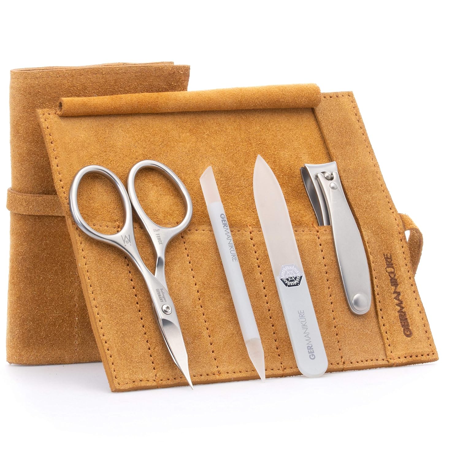 GERMANIKURE 4pc Manicure Nail Care Kit, Solingen Germany, Yellow Suede Roll