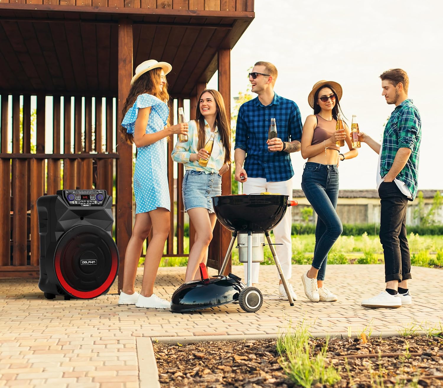 Dolphin Bluetooth Party Speaker with Wireless Microphone, 18" Woofer | 4500W Output, LED Lights, USB, SD, AUX & Guitar Inputs, 12V Input