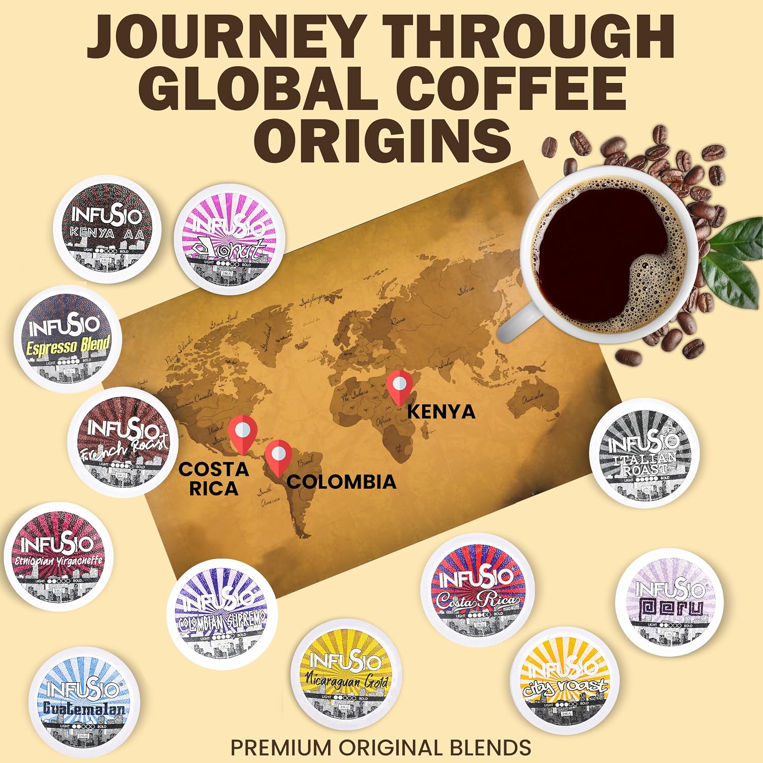 InfuSio Coffee Pods World Origins Variety Pack – 96 Count, 12 Blends Inspired by Colombia, Ethiopia, Kenya, Costa Rica & More, Medium & Dark Roast, Low Acid, Keurig Compatible