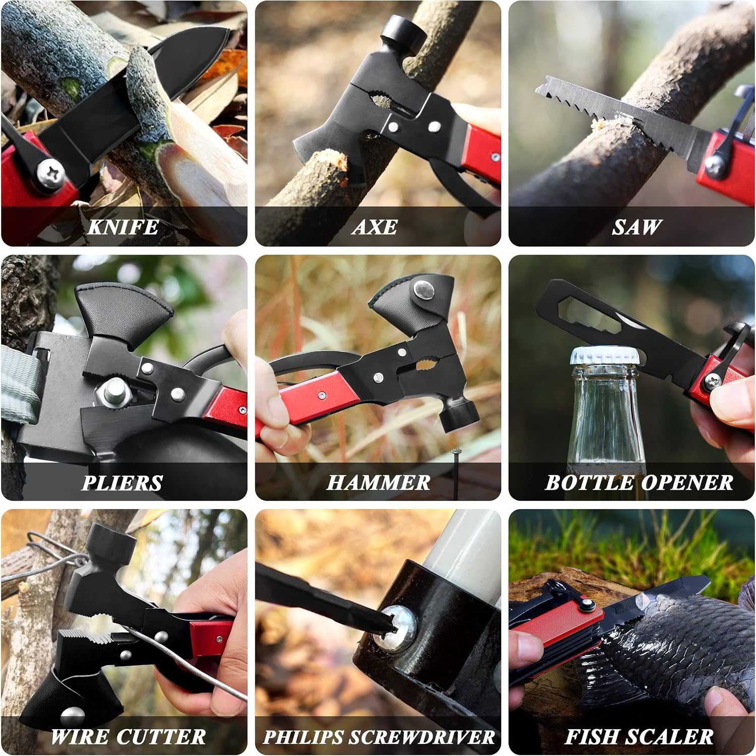 14-in-1 Multitool Camping Axe Hatchet – Essential Camping Gear with Knife, Hammer, Saw, Bottle Opener