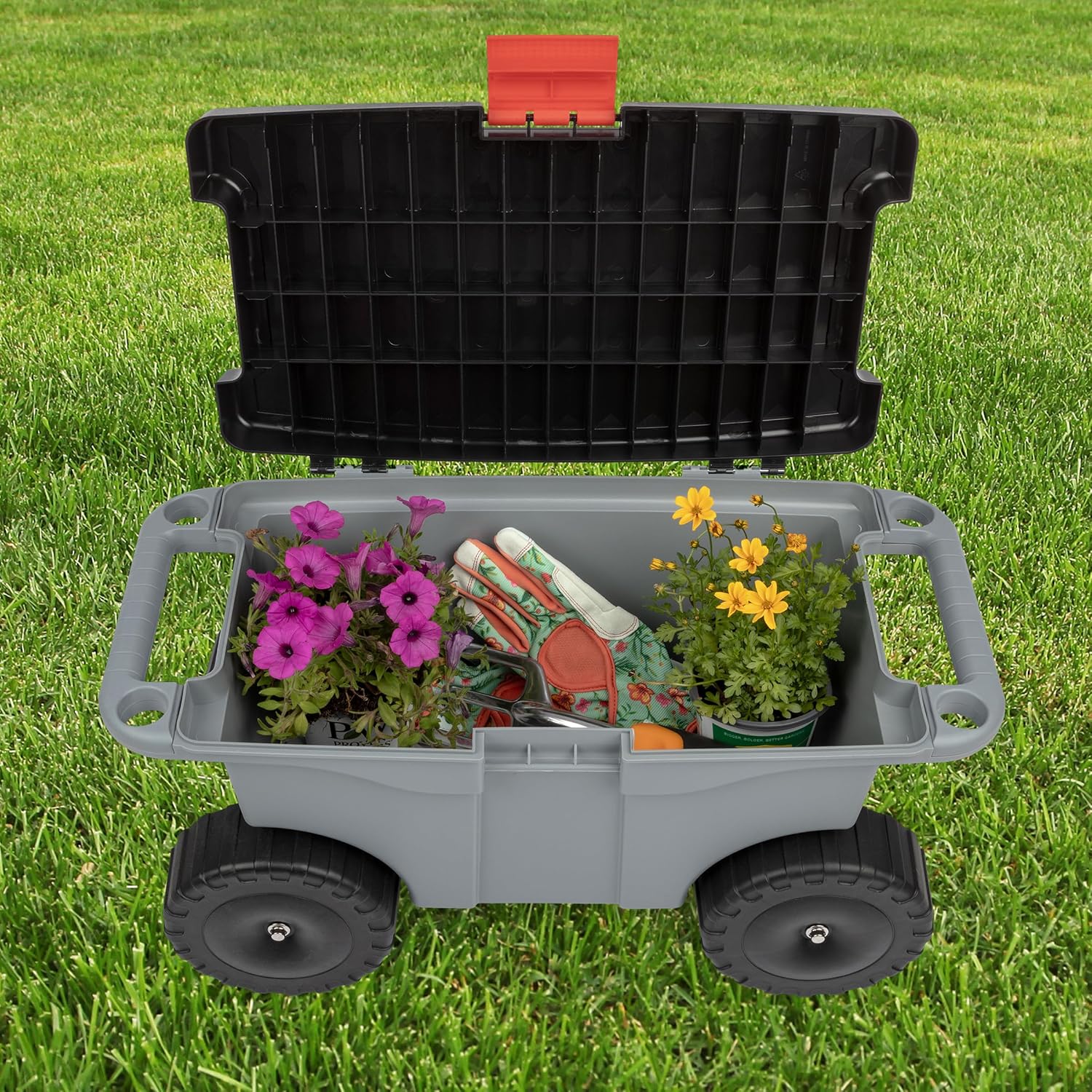 Rolling Garden Cart with Seat - Plastic Storage with Bench and Interior Tool Tray - Gardening Stool for Weeding and Planting By Pure Garden (Green) | Plastic Storage with Bench and Interior Tool Tray - Gardening Stool for Weeding and Planting