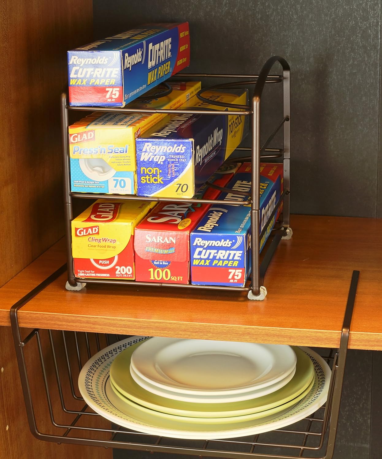 Deco Brothers Wrap Organizer Rack for Kitchen Cabinet, 3 Tier, Bronze | for Small / Standard Box, Height Clearance 2-1/2"