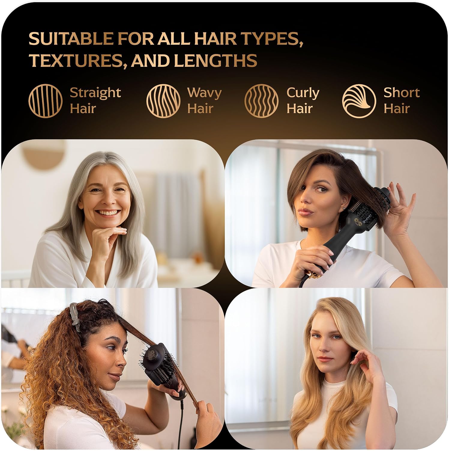 Professional Blowout Hair Dryer Brush, Black Gold Dryer and Volumizer, Hot Air Brush for Women, 75MM Oval Shape (Black Gold)
