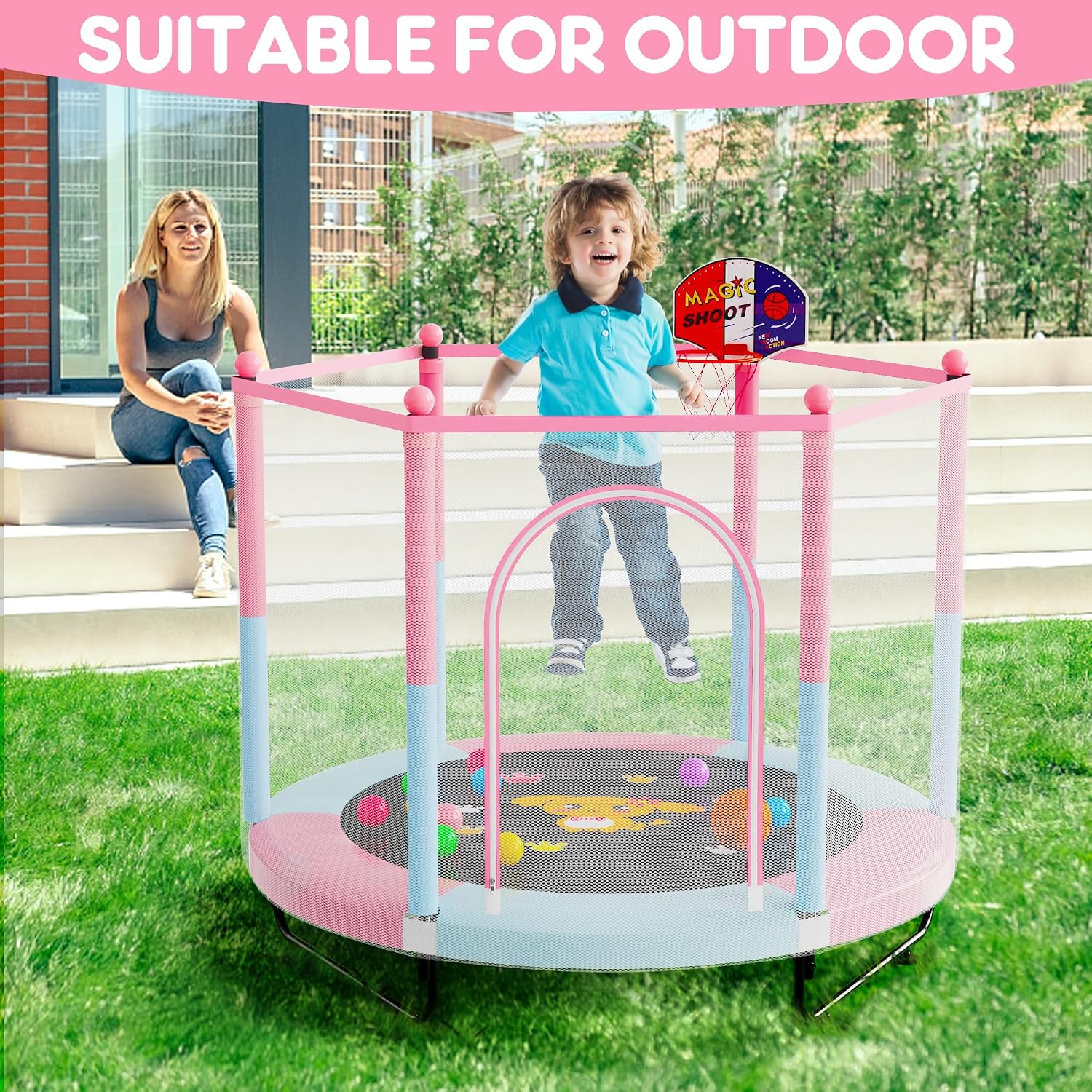 VGMiu 60" Trampoline for Kids, Toddler Trampoline Indoor with Net, Age 3-8