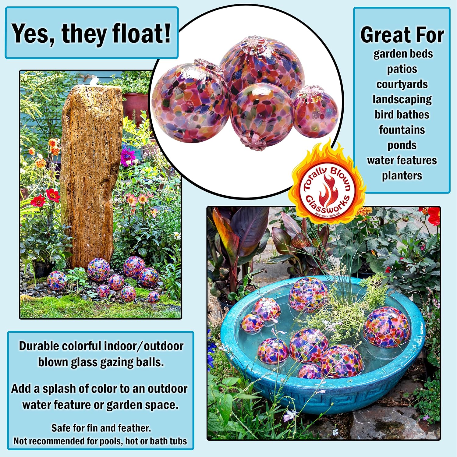 Totally Blown Glassworks Pond Float. Handmade Blown Glass, Garden Gazing Ball, Table Centerpiece