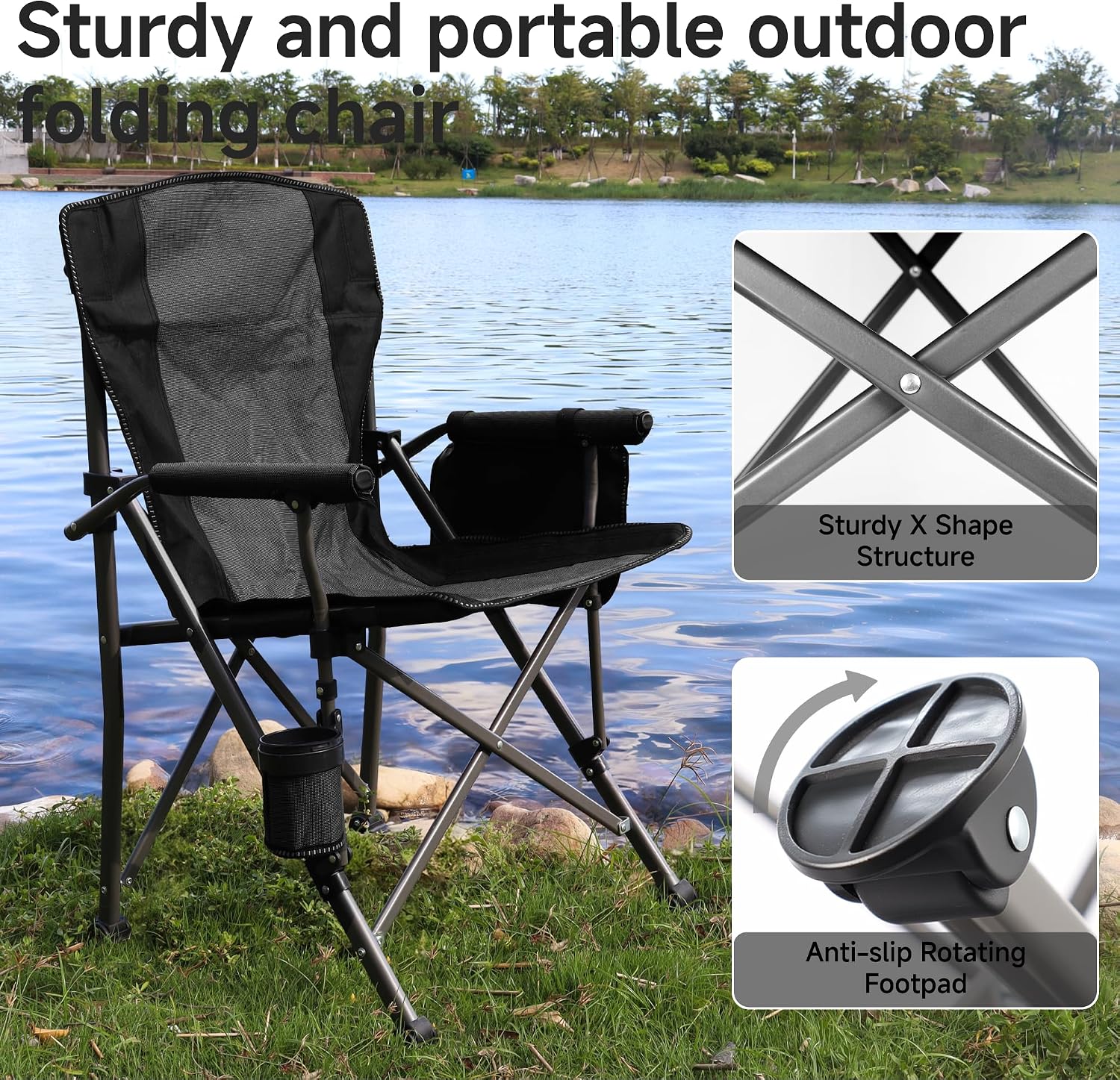 Adjustable Back Folding Camping Chair for Camp, Picnic, Lawn, Fishing | Adjustable Back; Weight Capacity 400 LBS;Hard Arm Portable Chair;Cup Holder;Storage Bag;carrying bag