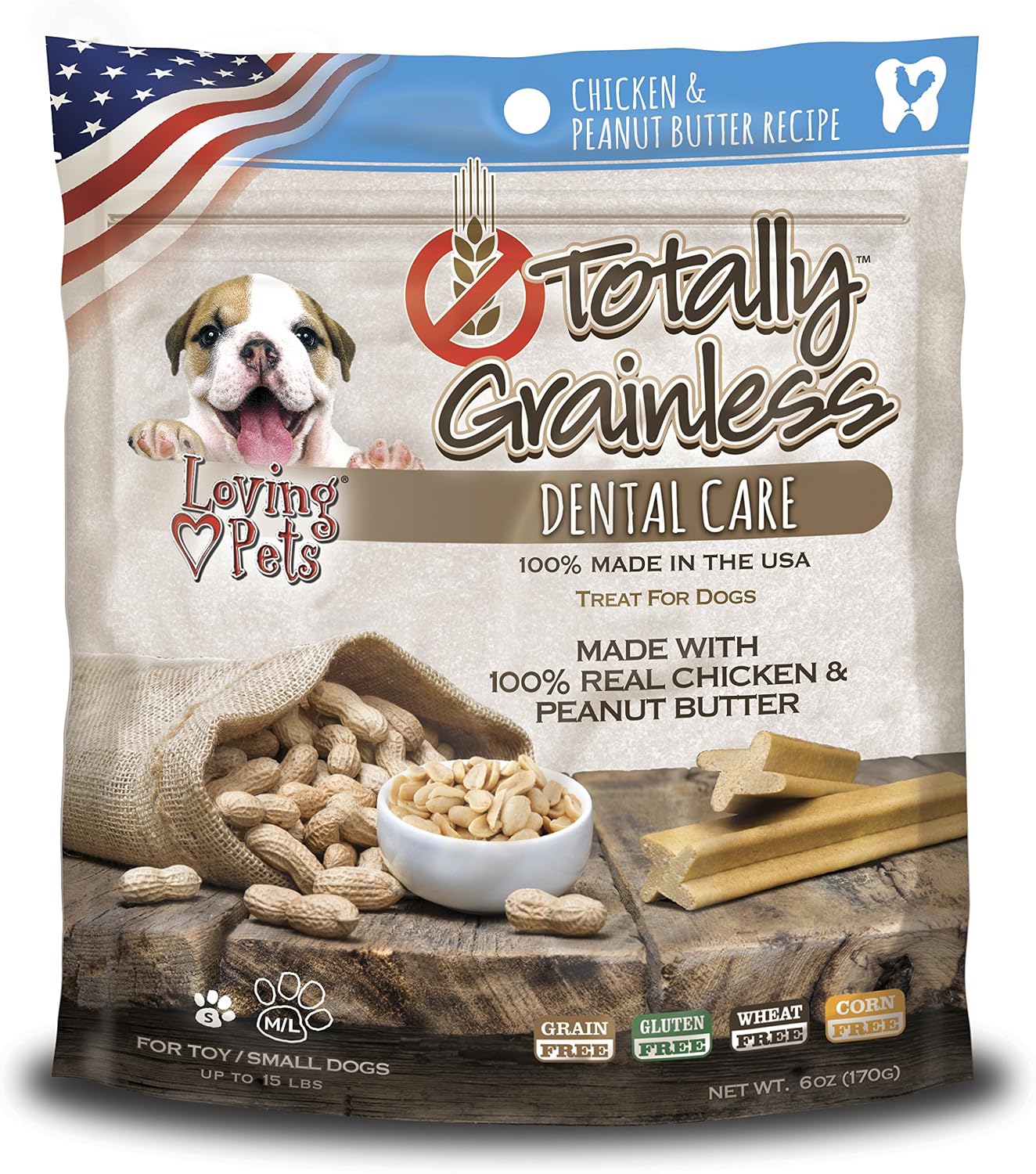 Loving Pets Totally Grainless - Chicken and Peanut Butter Dental Sticks for Dogs (for Small Dogs Less Than 20 lbs), 6oz