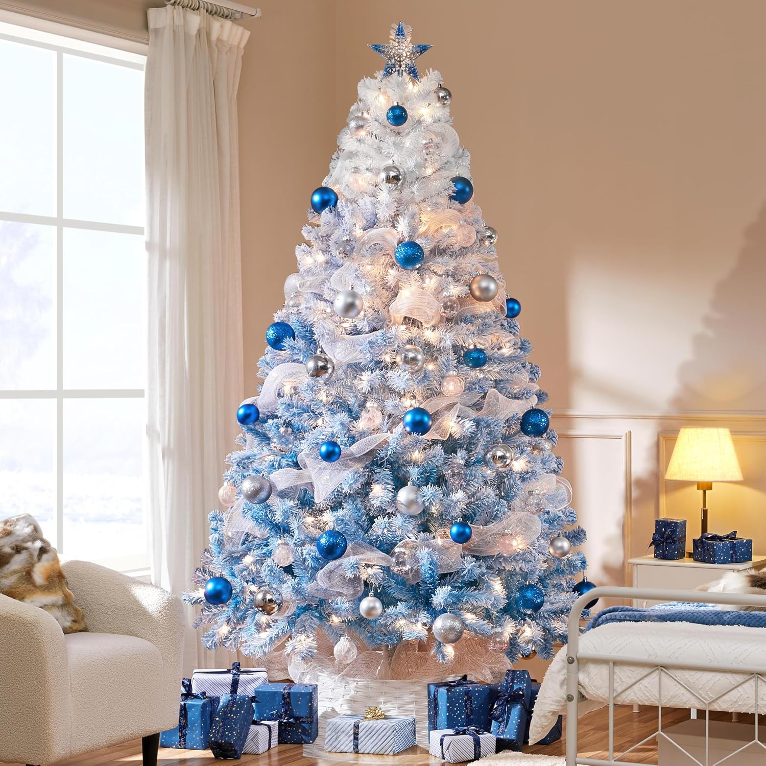 Yaheetech 7.5ft Pre-Lit Snow Flocked Artificial Christmas Tree, 550 Lights
