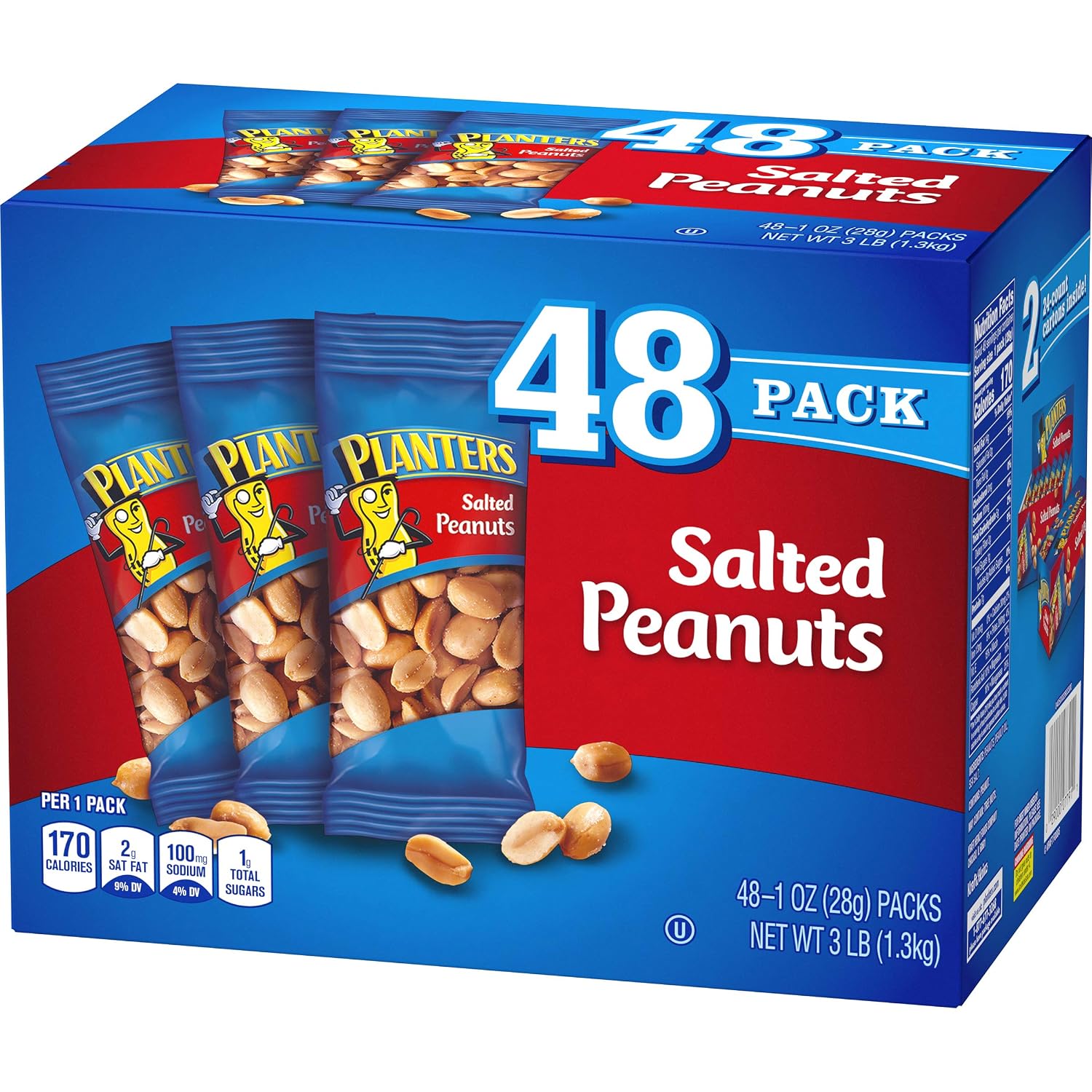 PLANTERS Salted Peanuts, Plant Based Protein Snacks, 1 Oz (48 Ct) | Roasted Salted Nuts Snack Packs. Kosher. Bag. Snacks for Adults. Individual Snacks