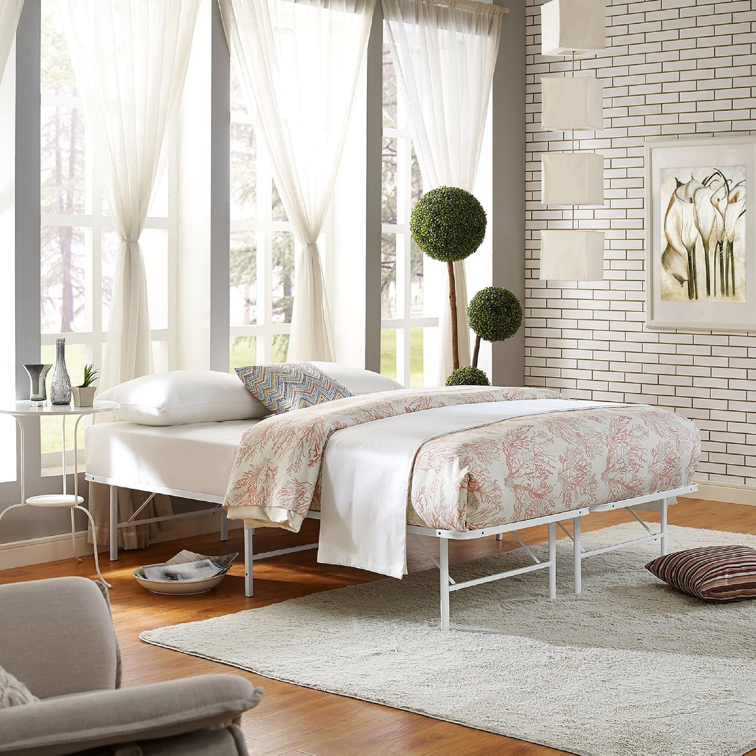 Modway Horizon Queen Bed Frame In Gray - Replaces Box Spring - Folding Metal Mattress Bed Frame