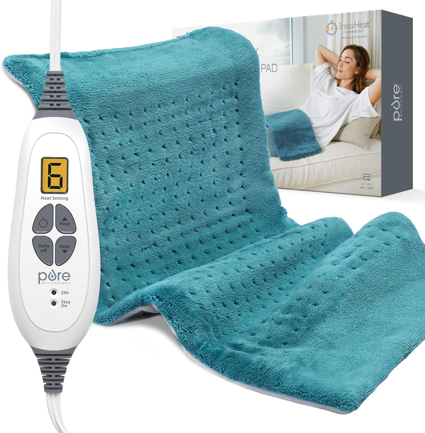 Pure Enrichment® PureRelief® XL Heating Pad - 12" x 24" Electric Heating Pad for Back Pain & Cramps, 6 Heat Settings, Soft Machine Wash Fabric, Auto-Off & Moist Heat (Charcoal Gray)