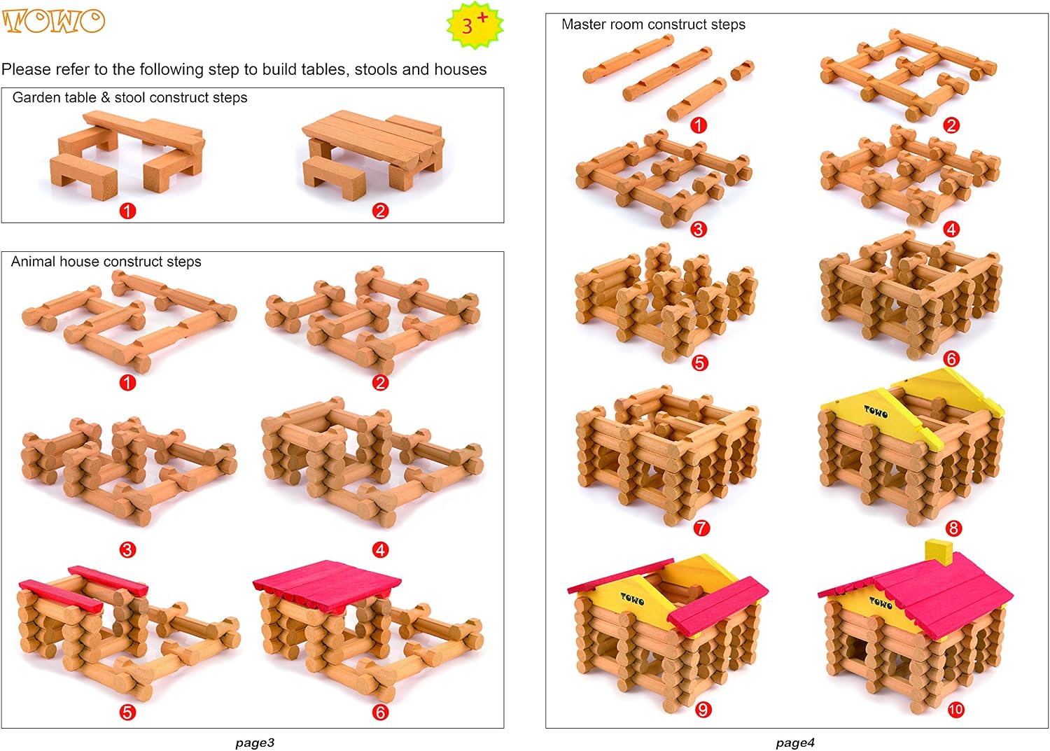 TOWO Wooden Log Building Set, 207-Piece Farm House Construction Toy | 207-piece wooden log farm playset for building a farmhouse