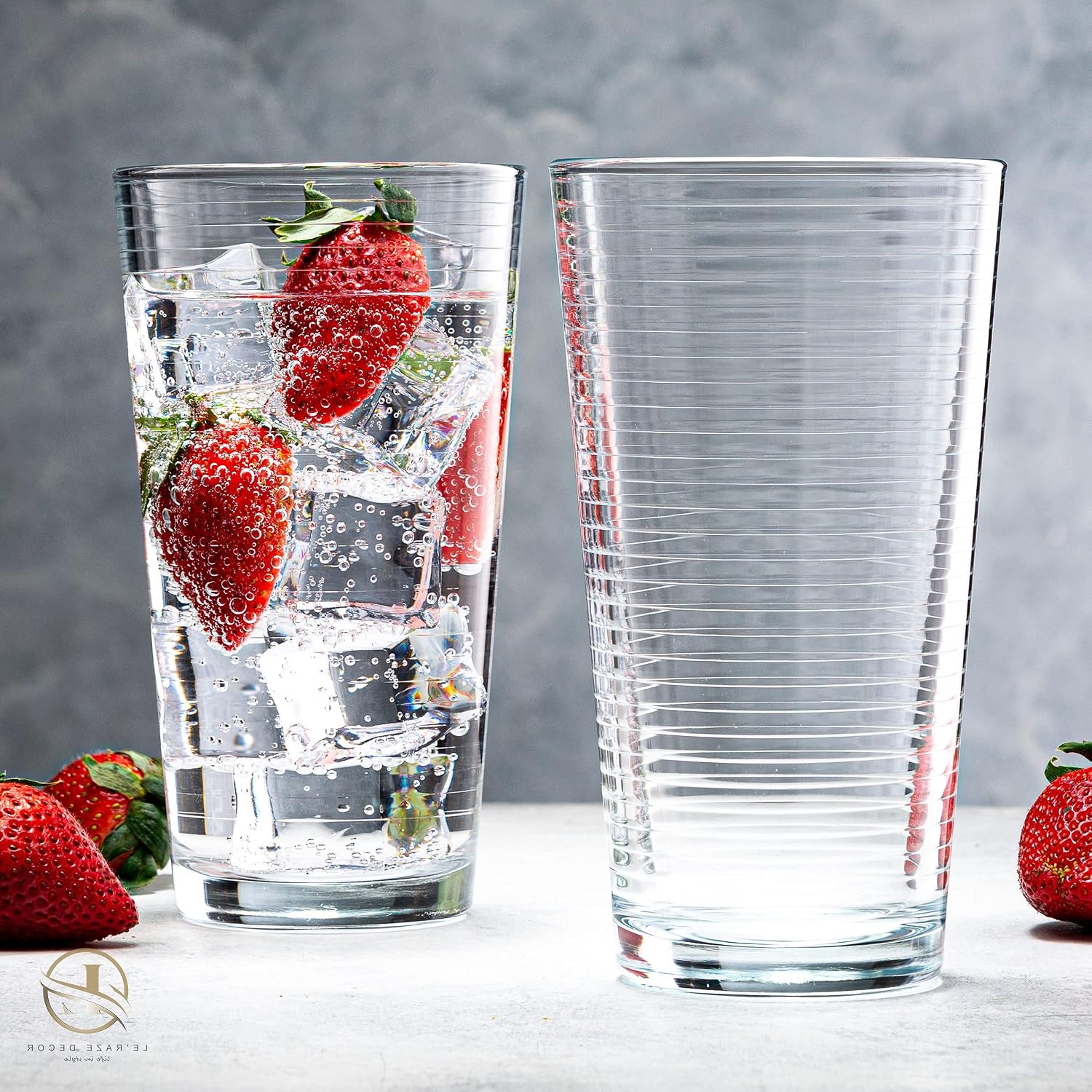 Le'raze Set of 16 Heavy Base Ribbed Durable Drinking Glasses Includes 8 Cooler Glasses (17oz) and 8 Rocks Glasses (13oz)