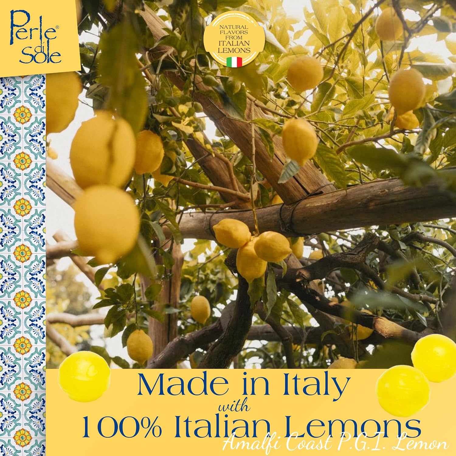 Perle di Sole Italian Lemon Drops Hard Candy Individually Wrapped (7.05 oz) Made with Essential Oils of Amalfi Coast P.G.I. Lemon - Italian Imported Gifts From Italy