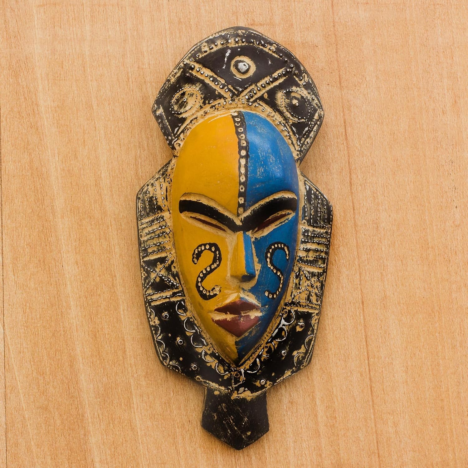 NOVICA Wood Ghanaian Decorative Mask, Multicolor, 'Dual Thandi'