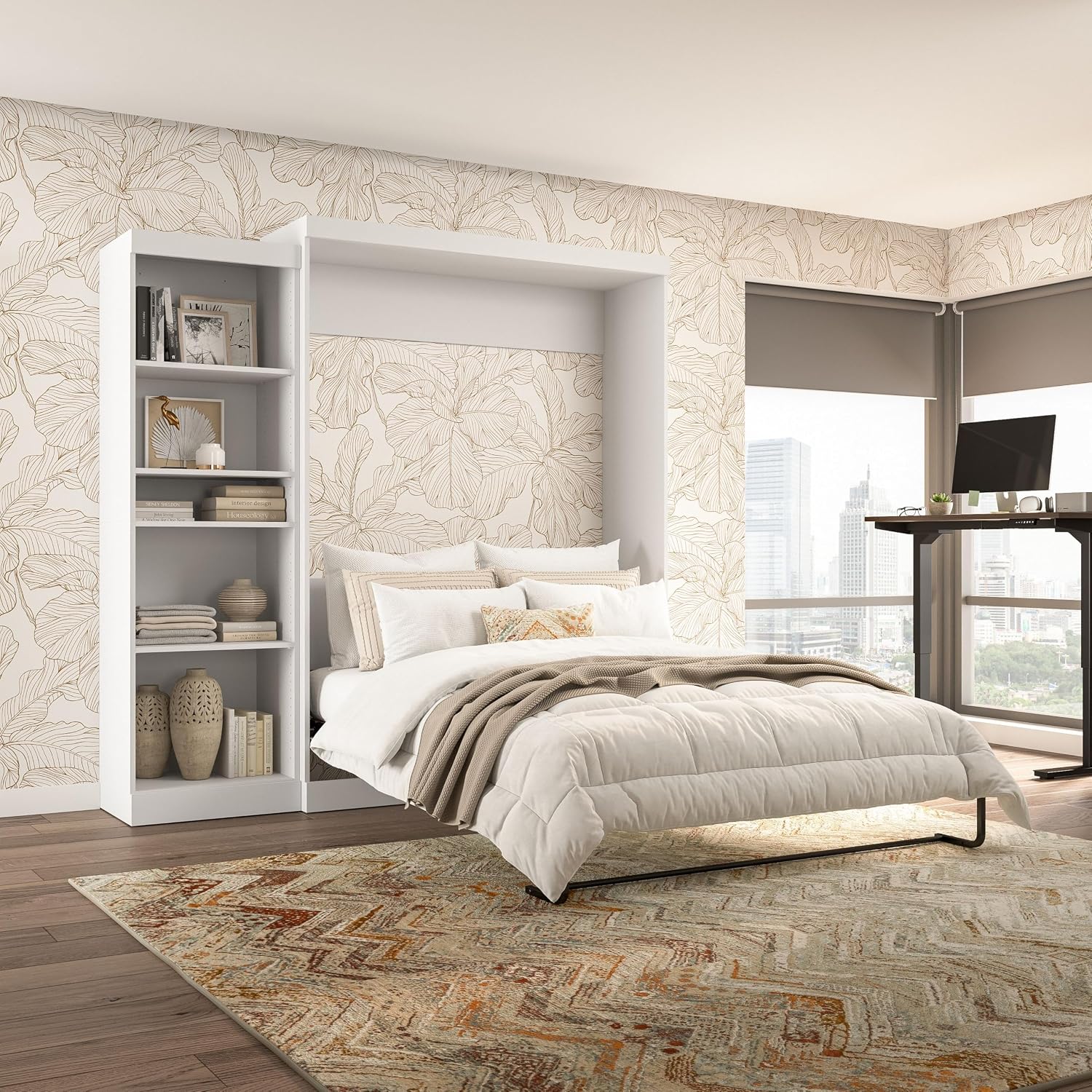 Bestar Pur Queen Murphy Bed, 65-inch Space-Saving Sleeping Arrangement for Multipurpose Area, Bedroom, Guest Room, or Living Room | Dual piston mechanism; for guest room or multipurpose space; Shaker-inspired trim with metal handles