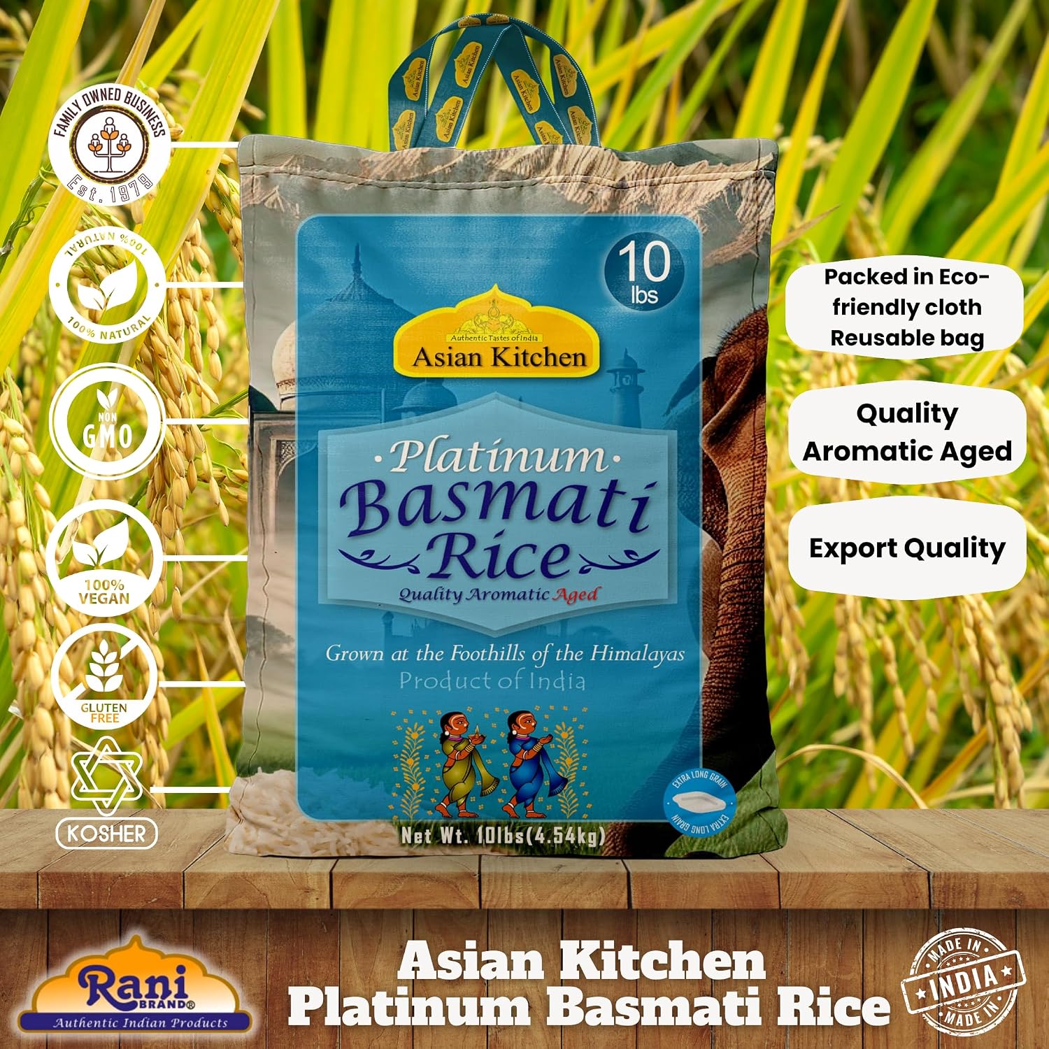Asian Kitchen Platinum White Basmati Rice Extra Long Aged 20lbs (9.08kg) ~ All Natural | Gluten Friendly | Vegan | Indian Origin | Export Quality