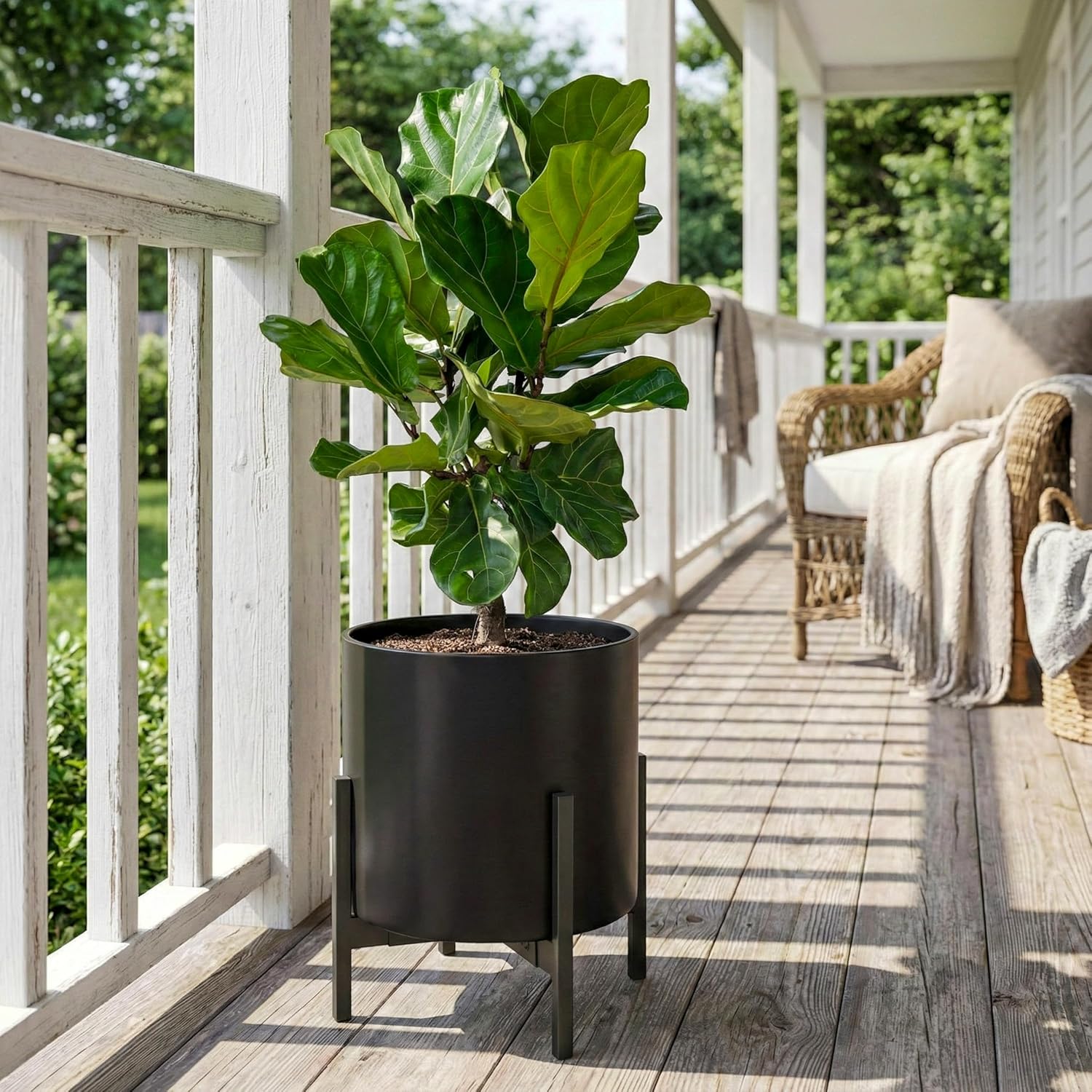 FaithLand 14 Inch Fiberstone Planter - Lightweight Modern Cylinder Plant Pot with Drainage Hole & Plug, Indoor Outdoor Use, Matte White