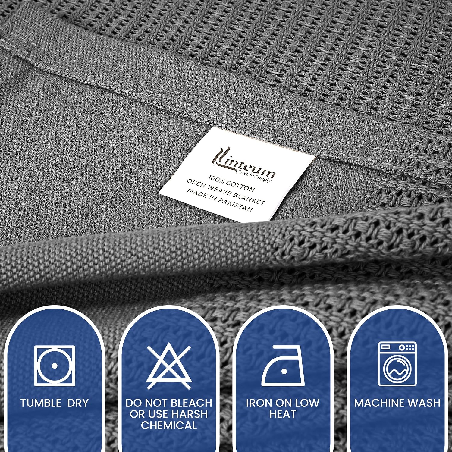 Linteum 100% Cotton Open-Cell Leno Weave Blanket — Breathable All Season — Queen 90x90 — Ice Grey