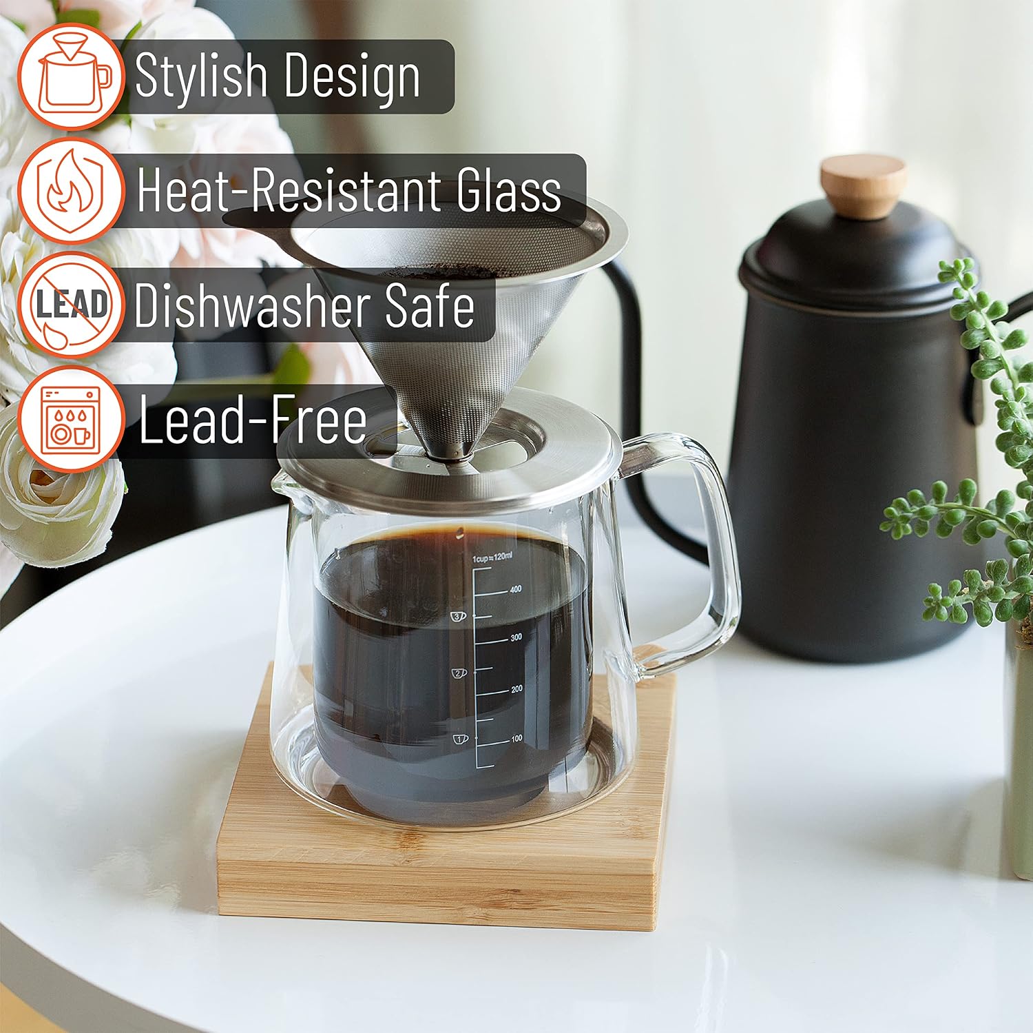 Brew To A Tea BTaT- Pour Over Coffee Maker Set, Double Wall Glass, 16 oz, Drip Coffee Maker Pour Over, Permanent Filter