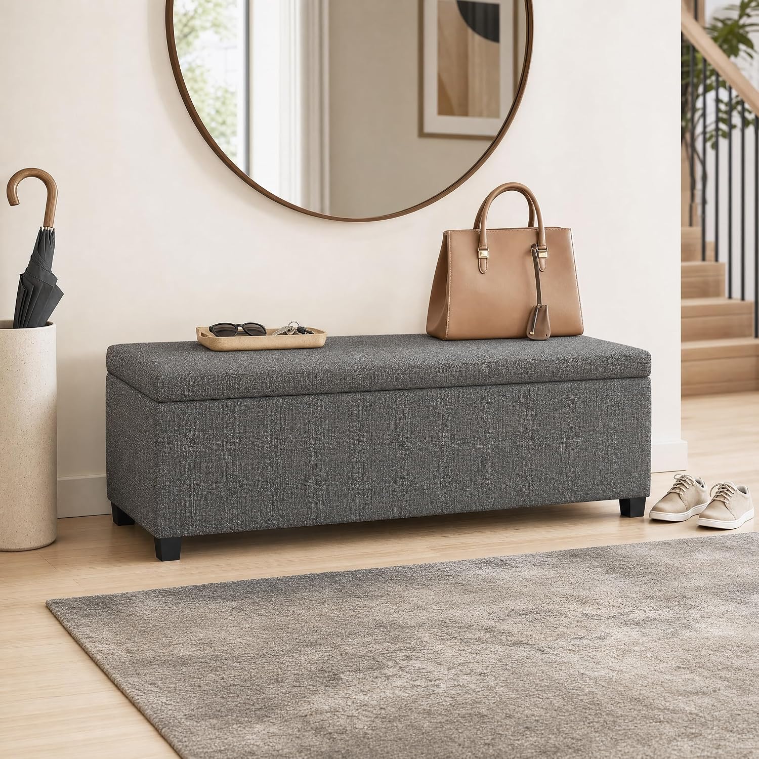 SIMPLIHOME Avalon 48" Wide Vegan Leather Storage Ottoman in Brown