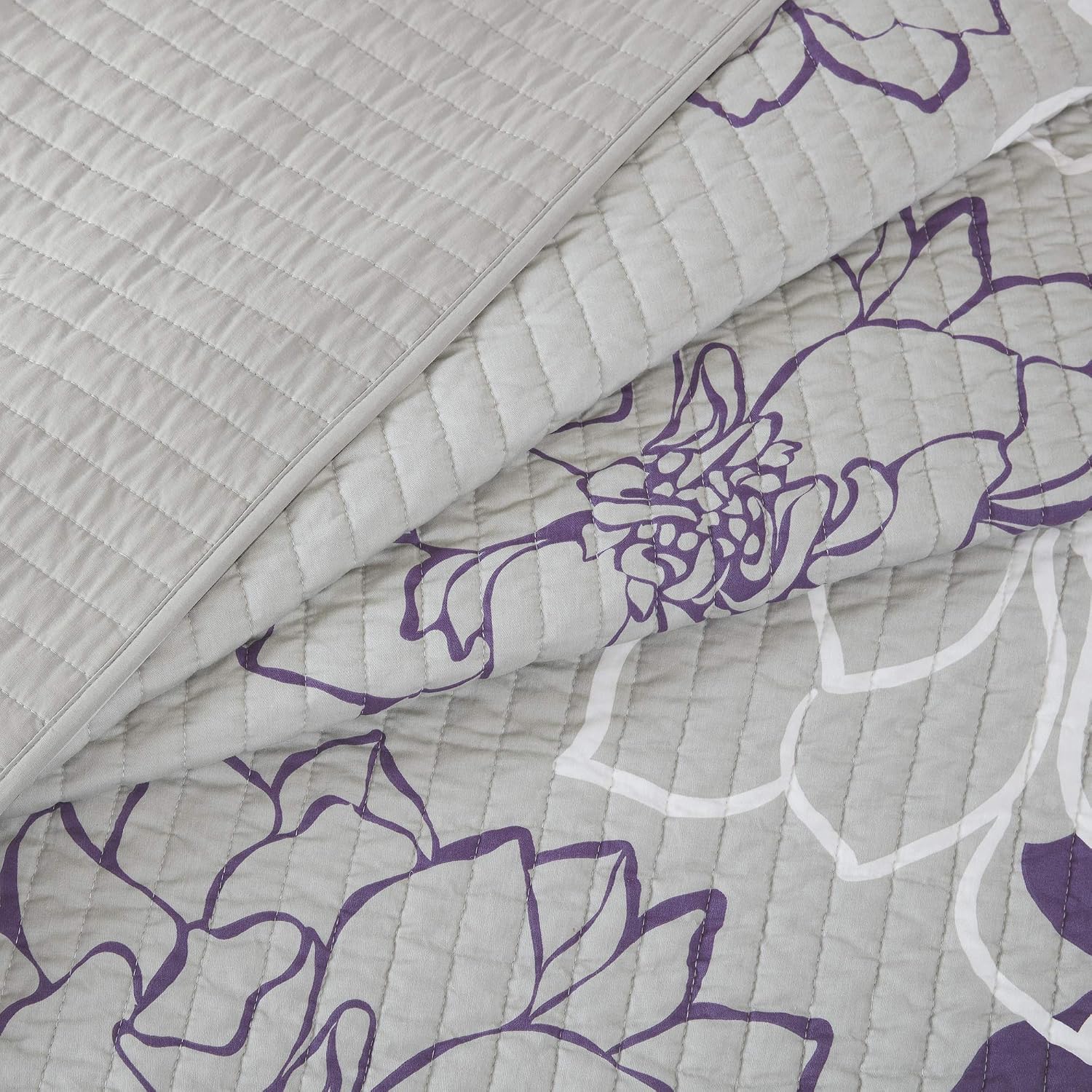 Madison Park Cotton Casual Floral Quilt Set, 6PC Full/Queen Coverlet | Channel Stitching Design, All Season, Lightweight Coverlet Bedspread Bedding, Shams, Decorative Pillows, Taupe Grey/Purple