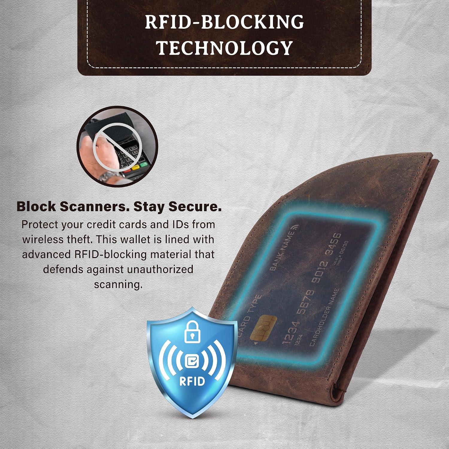Genuine Bison Leather Wallet for Men, RFID Slim, Brown | Genuine bison leather wallet for men with RFID blocking and curved front pocket fit. Rugged slim everyday carry, brown.