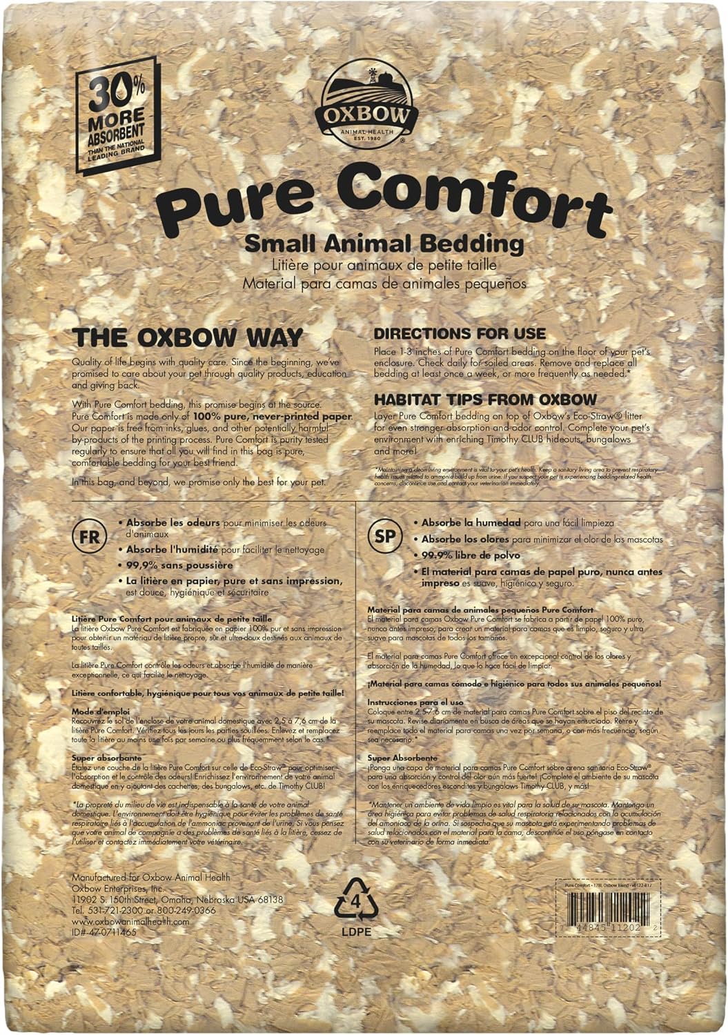 Oxbow Small Animal Bedding, Hamster, Guinea Pig, Rabbit, White, USA, 36 L | Pure Comfort, Hamster Bedding, Guinea Pig Bedding, Low Dust, Virgin Paper, Litter Box, Bunny, Rats, Gerbils, Chinchillas