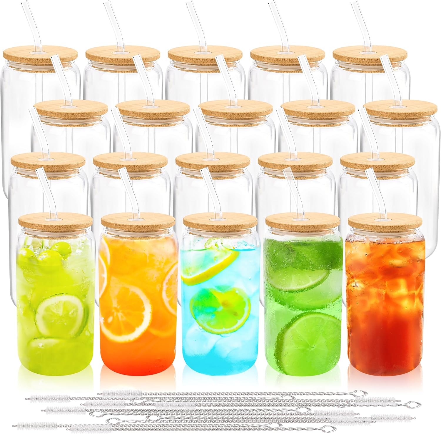 Joyclub 20Pcs Glass Cups with Bamboo Lids and Straws Bulk 16 oz Can Shaped | Clear drinking glasses include 20 cleaning brushes