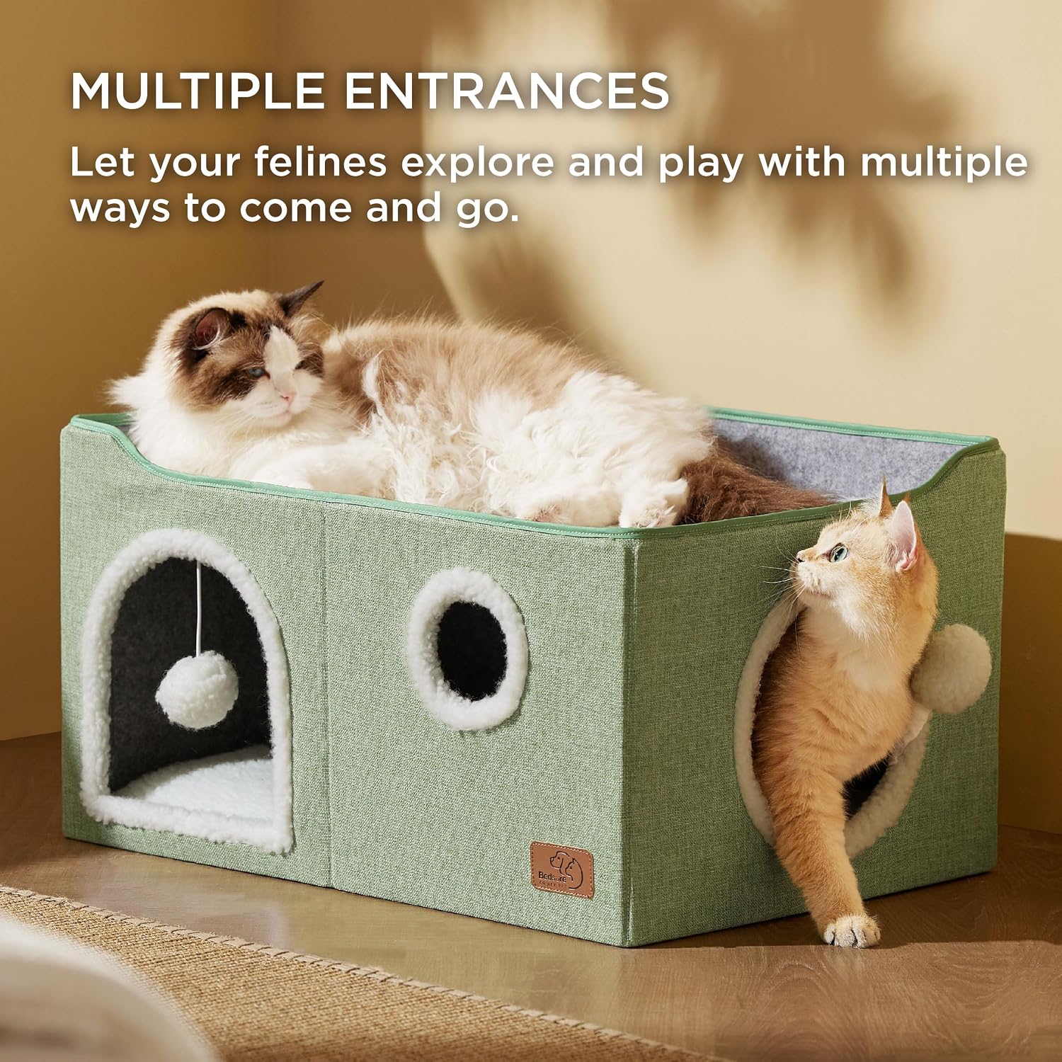 Bedsure Cat House Bed for Indoor Cats with Fluffy Ball and Scratch Pad,Grey