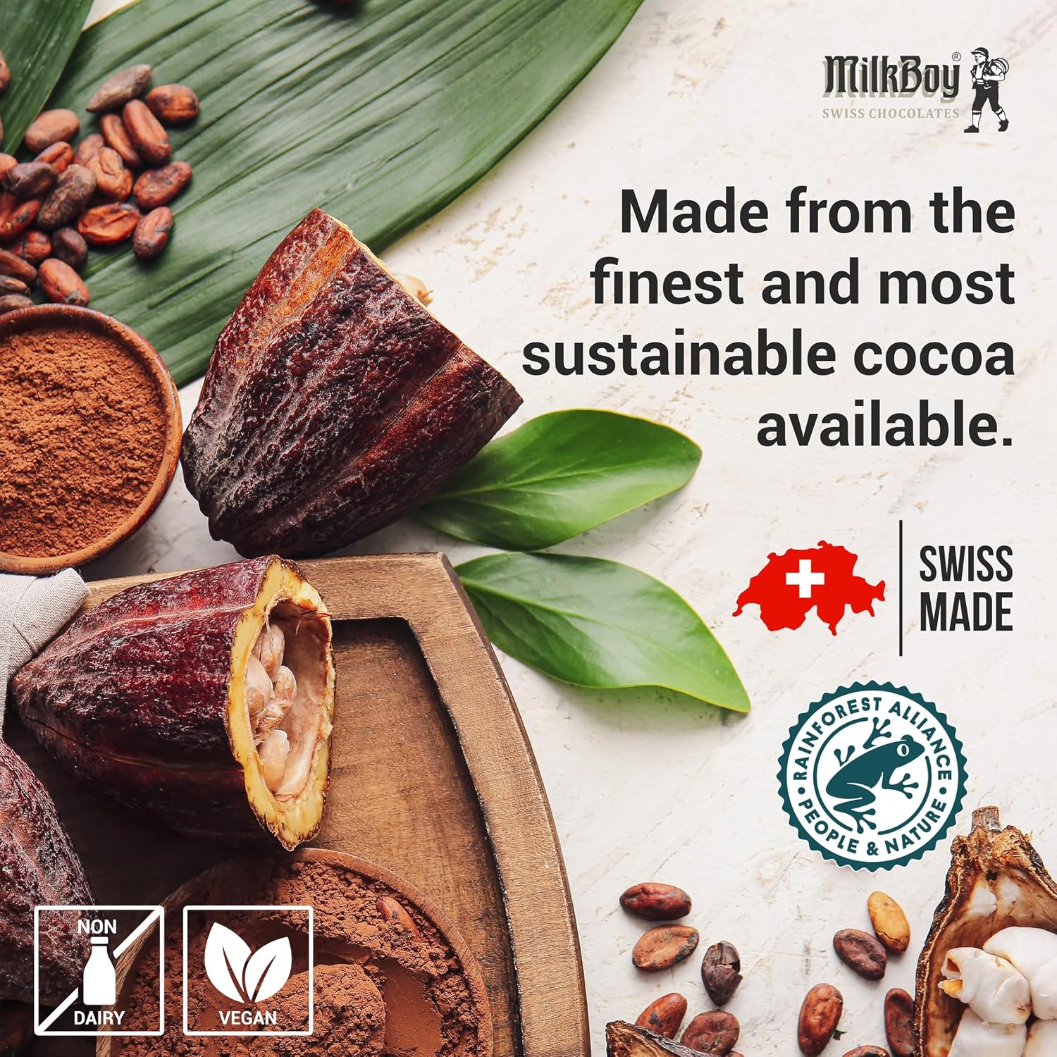 MilkBoy Swiss Chocolates Chocolate Bar Variety Flavors - 3 oz, 5 Pack | Includes milk, dark, white bourbon vanilla, caramel sea salt & almond flavors. Rainforest Alliance certified cocoa. Kosher.