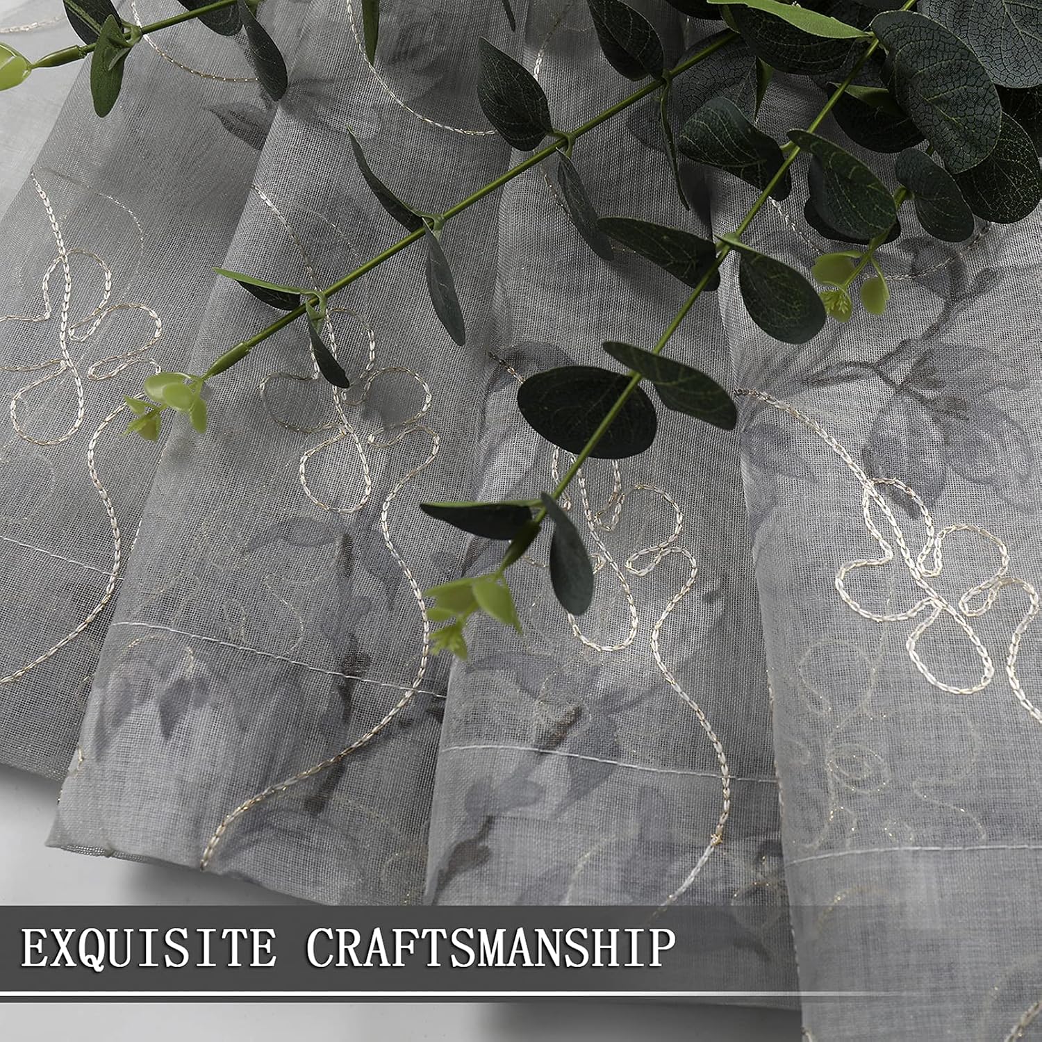 Tollpiz Floral Grey Sheer Curtain Flower Print Vine Embroidery Bedroom Curtains Rod Pocket Voile Window Curtain for Living Room, 54 x 84 inches Long
