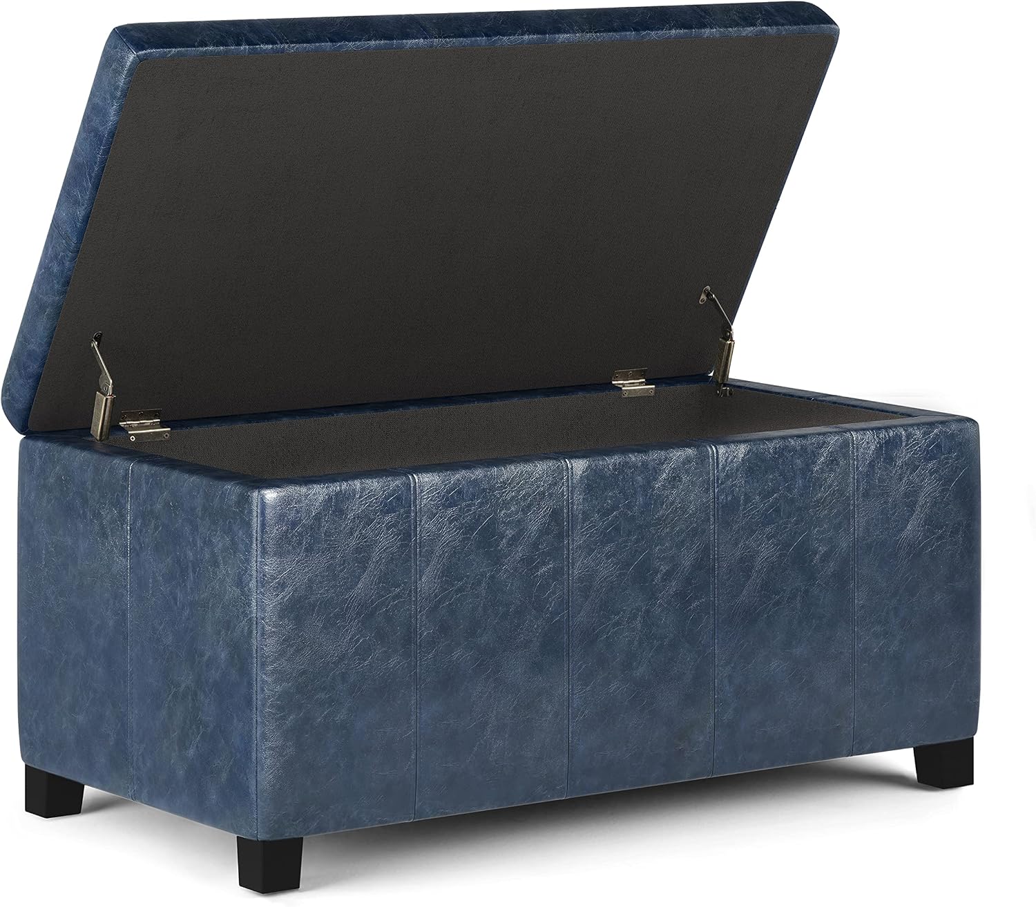 SIMPLIHOME Dover 36" Wide Vegan Leather Storage Ottoman in Midnight Black | Distressed umber brown, contemporary ottoman with lift-top and safety hinges; rectangle storage bench for living room.