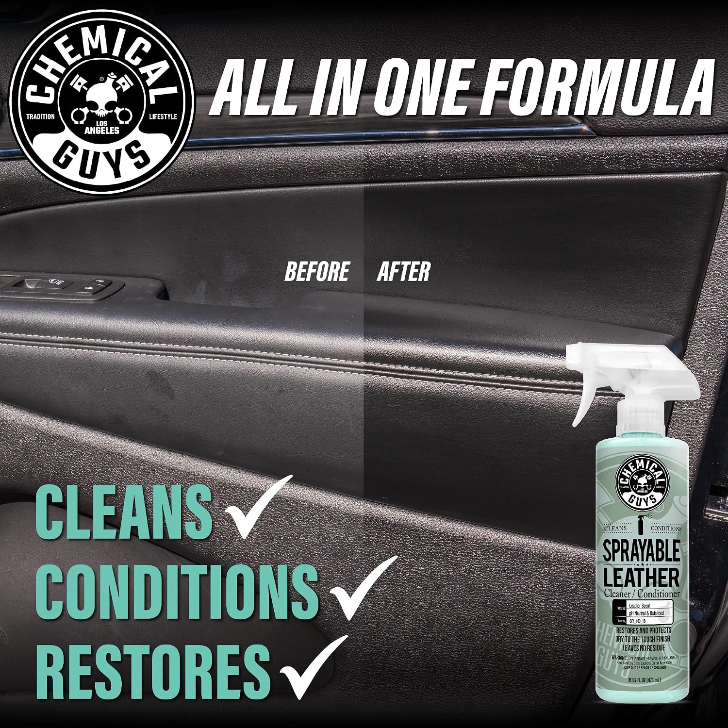Chemical Guys, Sprayable Leather Cleaner & Conditioner in One Spray, 16 oz | One-step spray cleans and nourishes leather, vinyl and faux on seats, furniture and apparel, dirt lifts away
