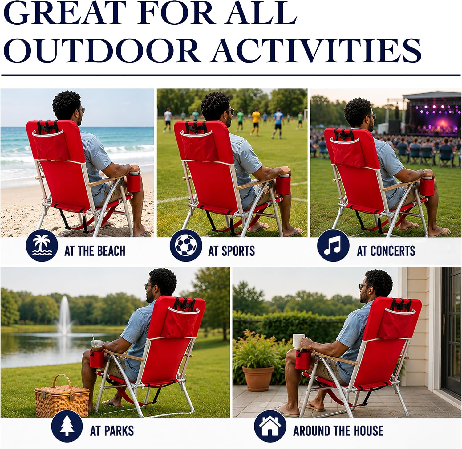 CARIBBEAN JOE Folding Beach Chair, 4 Position Portable Backpack Foldable Camping Chair with Headrest, Cup Holder, and Wooden Armrests