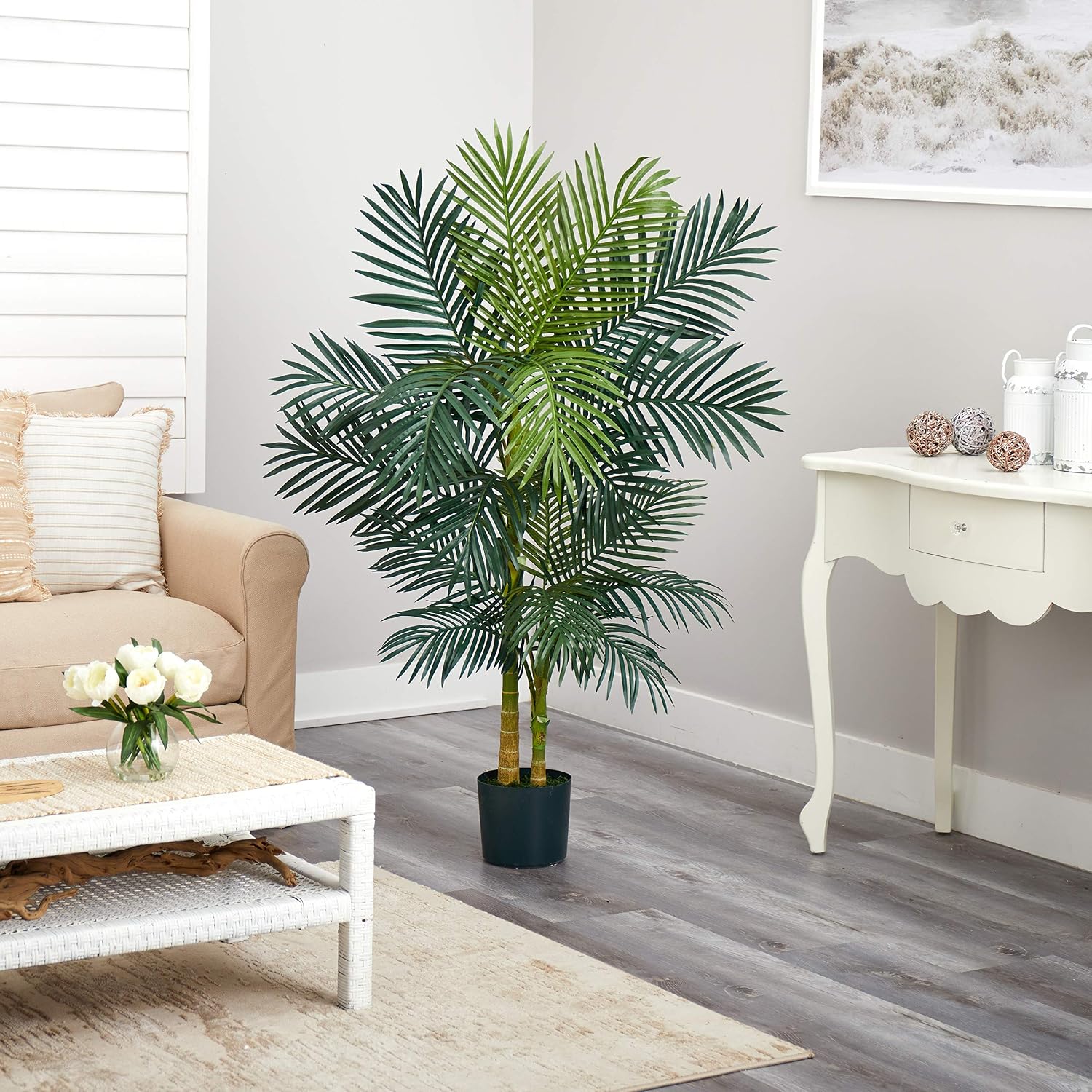 Nearly Natural 4 ft Artificial Golden Cane Palm Tree with Nursery Pot | Double-Stalk, Lush Realistic Foliage, Indoor Faux Palm Plant, Living Room Decor, Perfect Tropical Decoration
