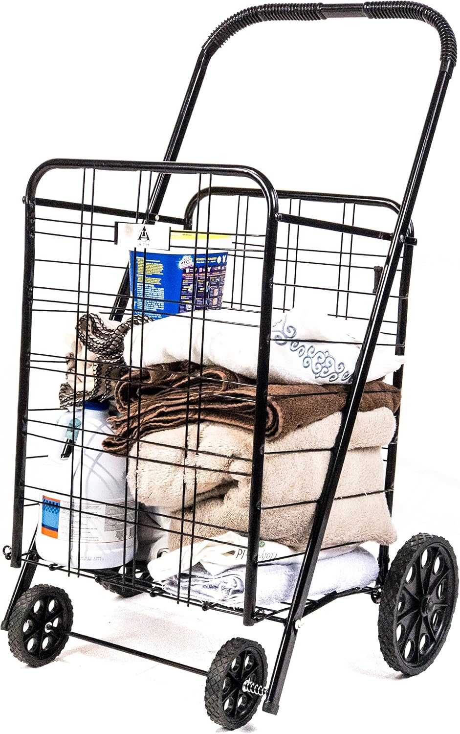 ATH Large Deluxe Rolling Utility / Shopping Cart - Stowable Folding Heavy Duty Cart with Rubber Wheels For Haul Laundry, Groceries, Toys, Sports Equipment, Red