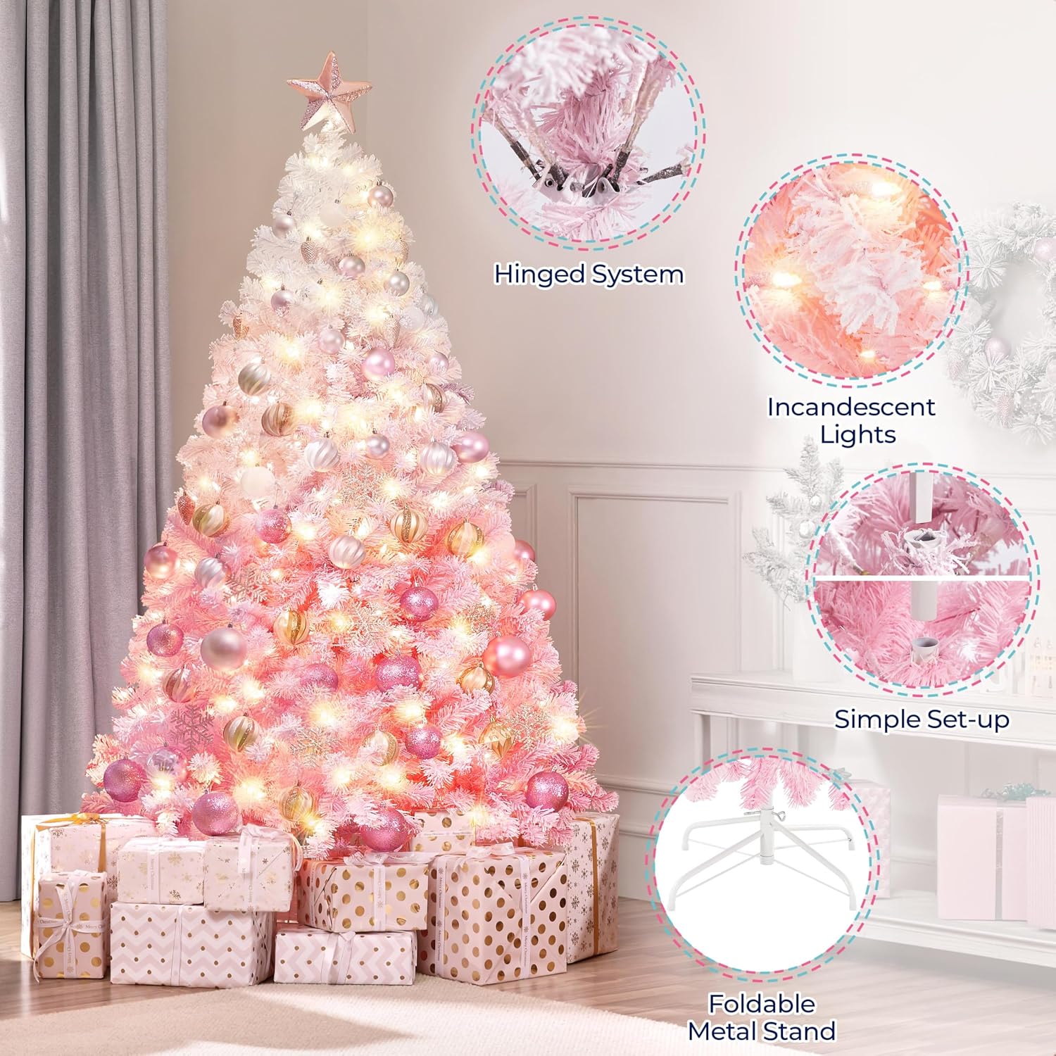 Yaheetech 7.5ft Pre-Lit Snow Flocked Artificial Christmas Tree, 550 Lights