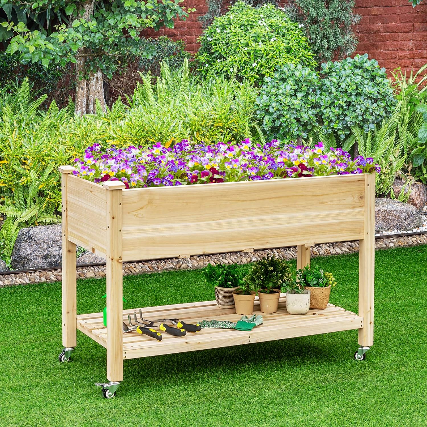GIANTEX Raised Garden Bed on Wheels, Wood Planter Box with Legs, Liner, Drain Holes, Elevated Garden Bed for Vegetables